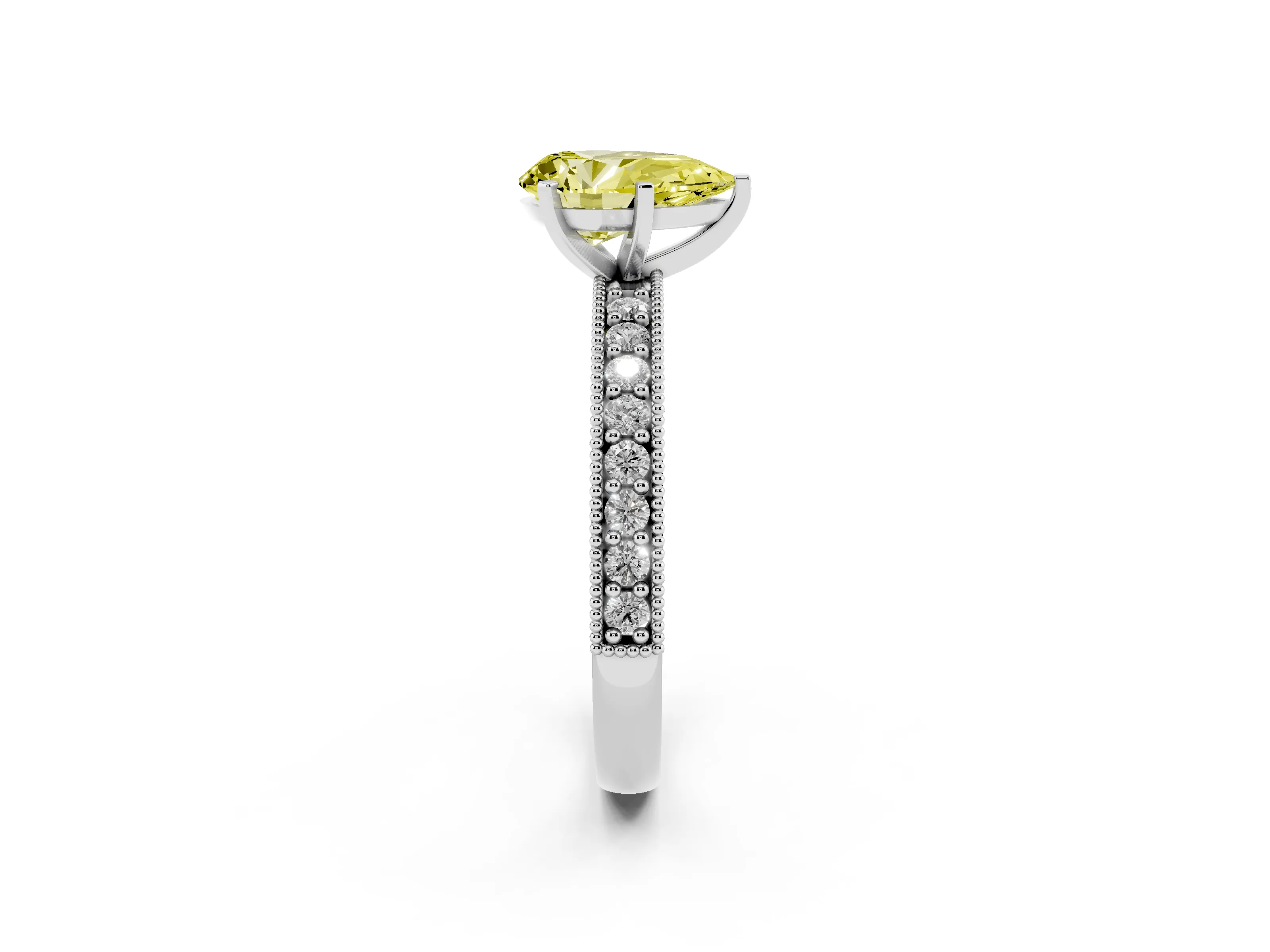Fancy Yellow Pear Cut Diamond Milgrain Pavé Engagement Ring Set in Platinum with Prong Setting