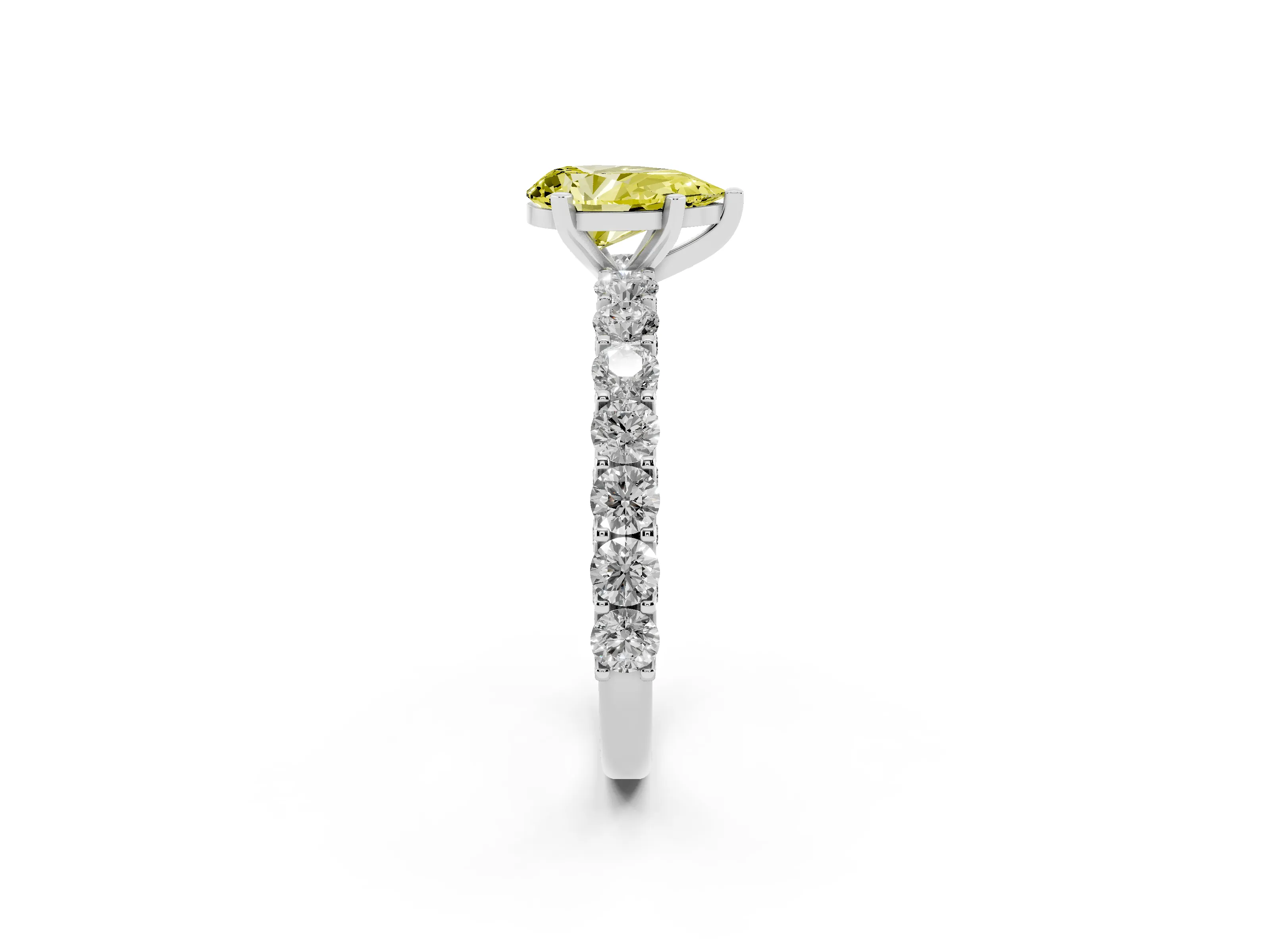 Fancy Yellow Pear Cut Diamond Solitaire Ring Set in Silver with Shared Prong Pavé Band