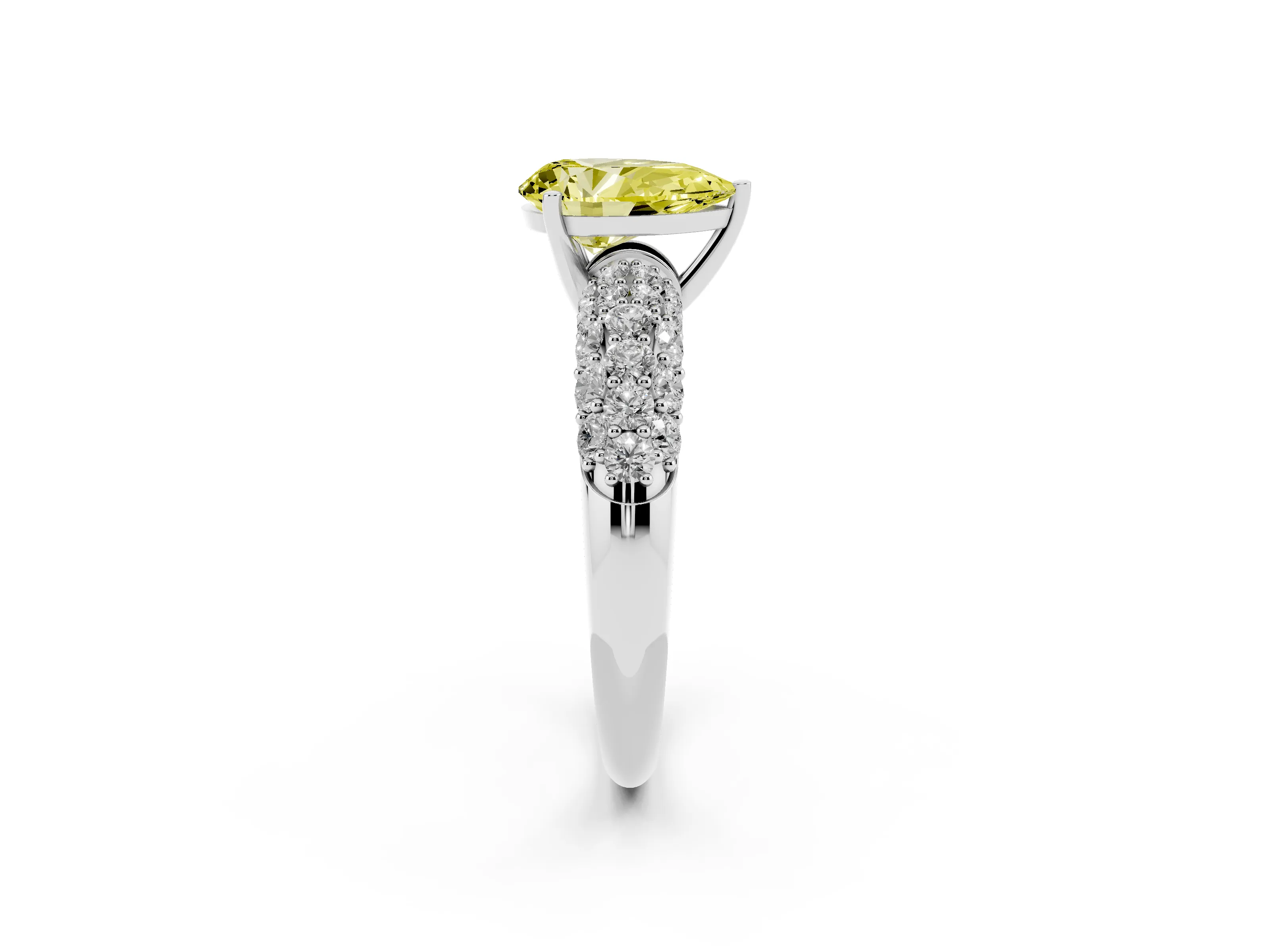 Fancy Yellow Pear Cut Diamond Pavé Band Solitaire Ring Set in White gold with Close-Set Accent Stones and Prong Setting