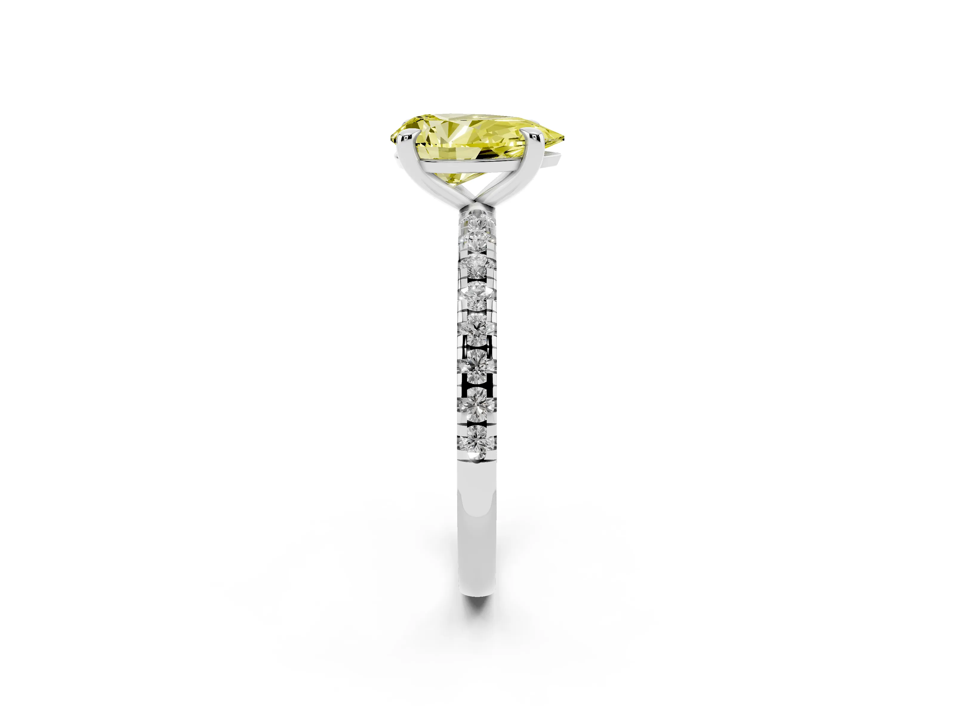 Fancy Yellow Pear Cut Diamond Brilliant Solitaire Ring Set in White gold with Pavé Band and Prong Setting