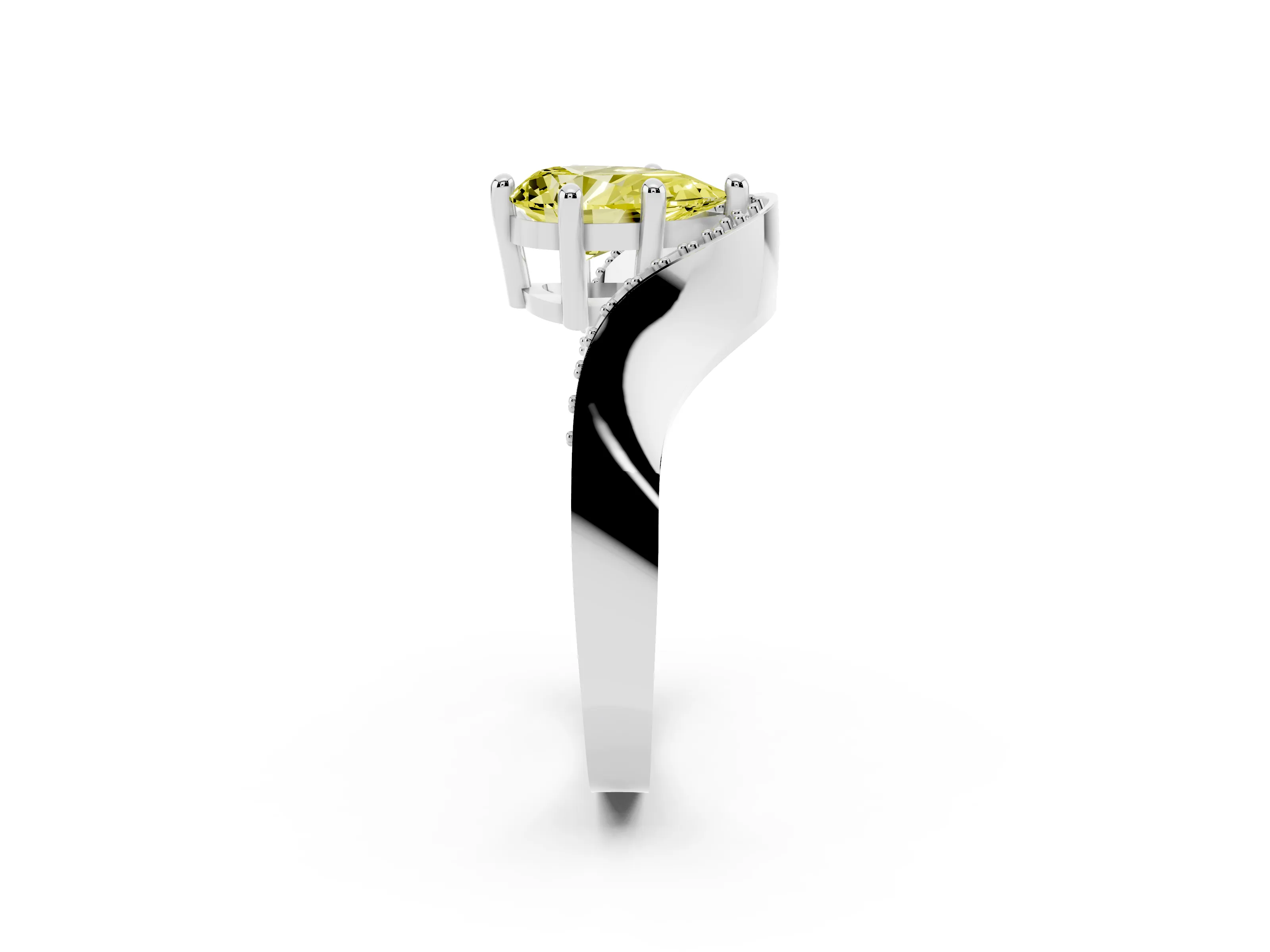 Fancy Yellow Pear Cut Diamond Solitaire Engagement Ring Set in White gold with Pavé Shoulders