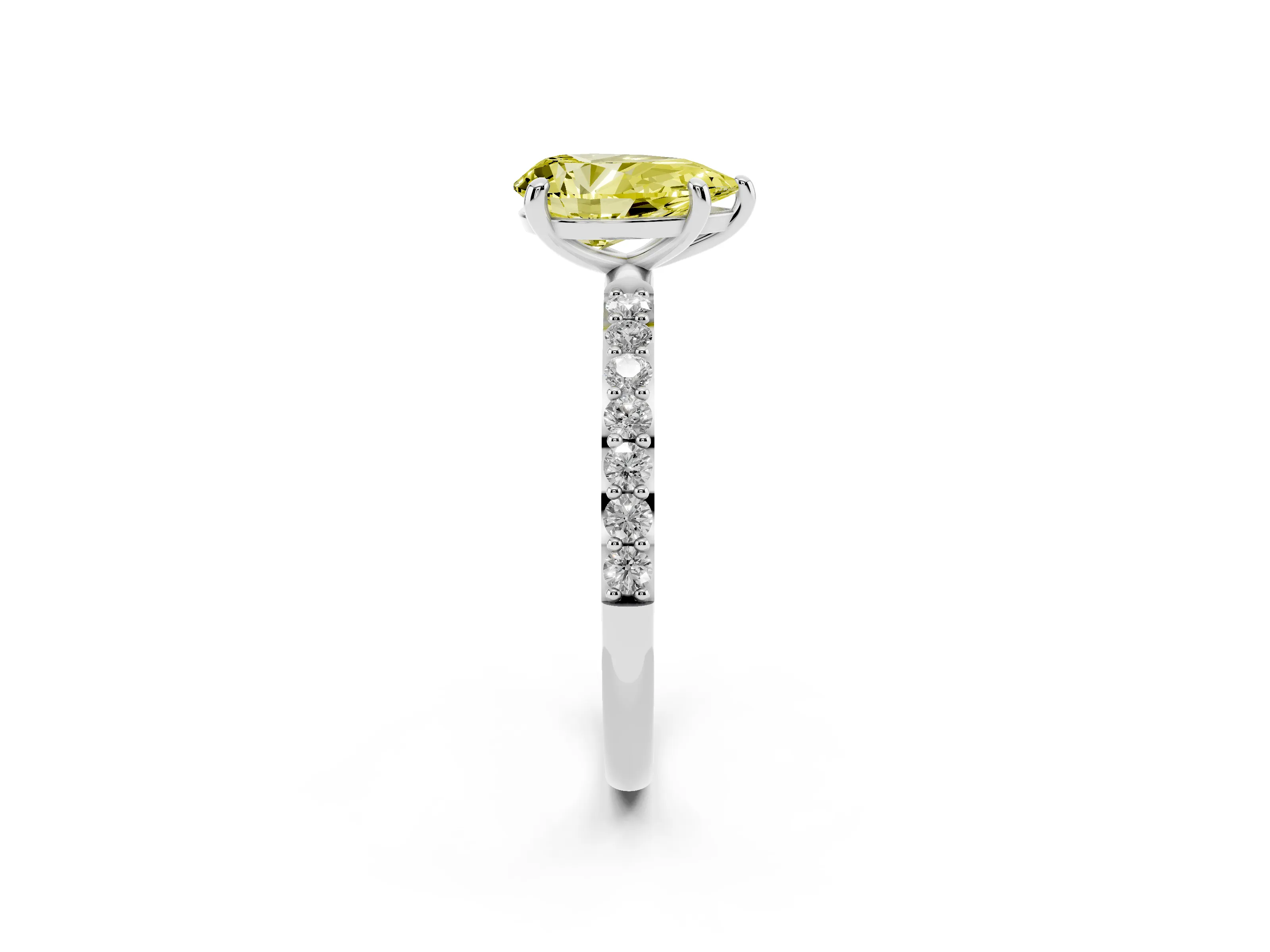 Fancy Yellow Pear Cut Diamond Solitaire Ring Set in Platinum with Round Pavé Band and Prong Setting