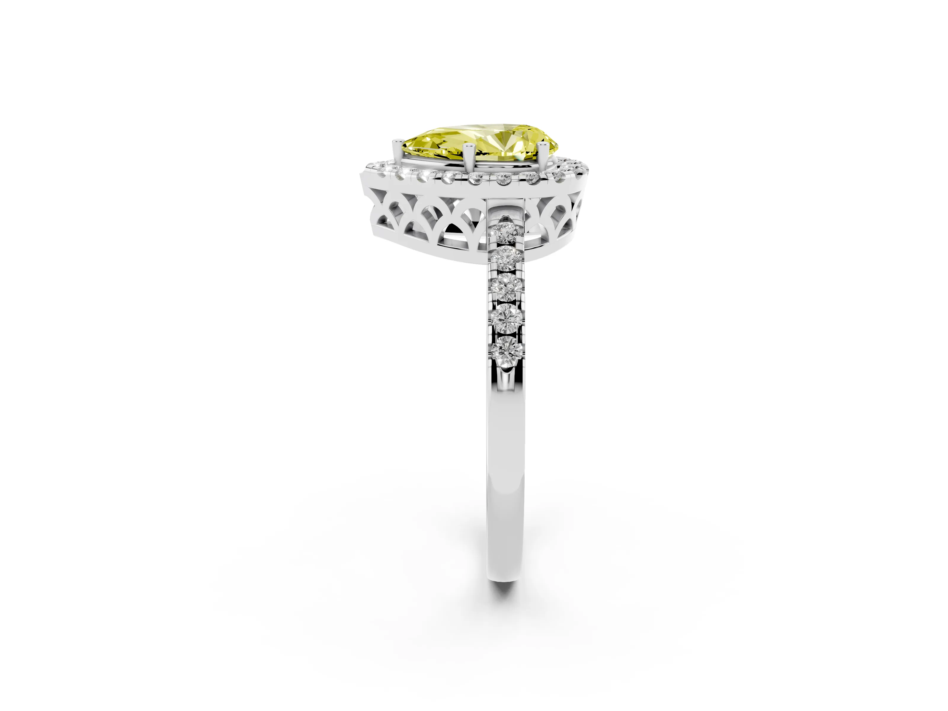 Fancy Yellow Pear Cut Diamond Pavé Band Halo Engagement Ring Set in White gold with Prong Setting