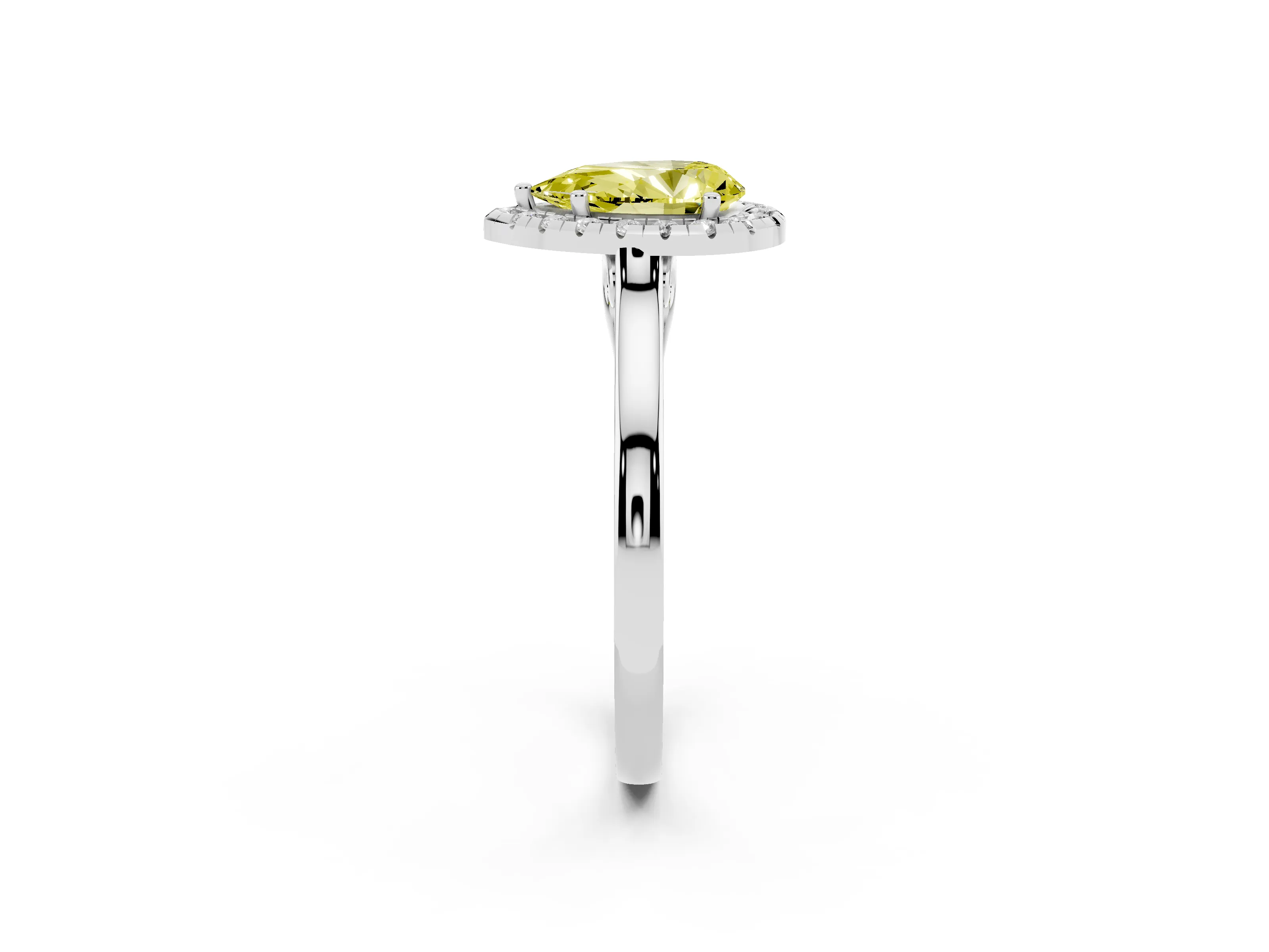 Fancy Yellow Pear Cut Halo Round Diamond Solitaire Ring Set in White gold with Pavé Band and Prong Setting