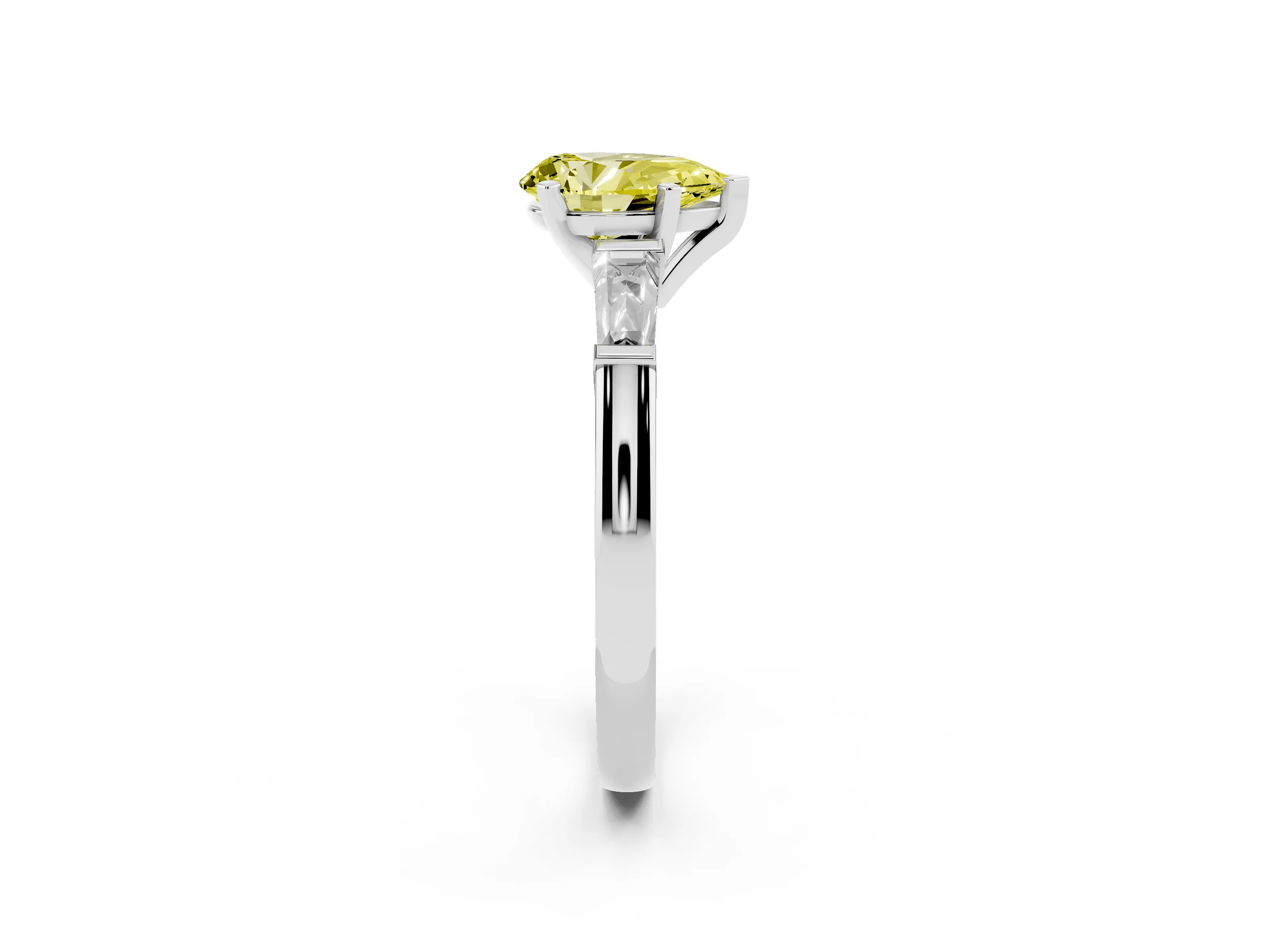 Fancy Yellow Pear Cut Diamond Solitaire Ring Set in White gold with Tapered Baguette Side Stones and Prong Setting