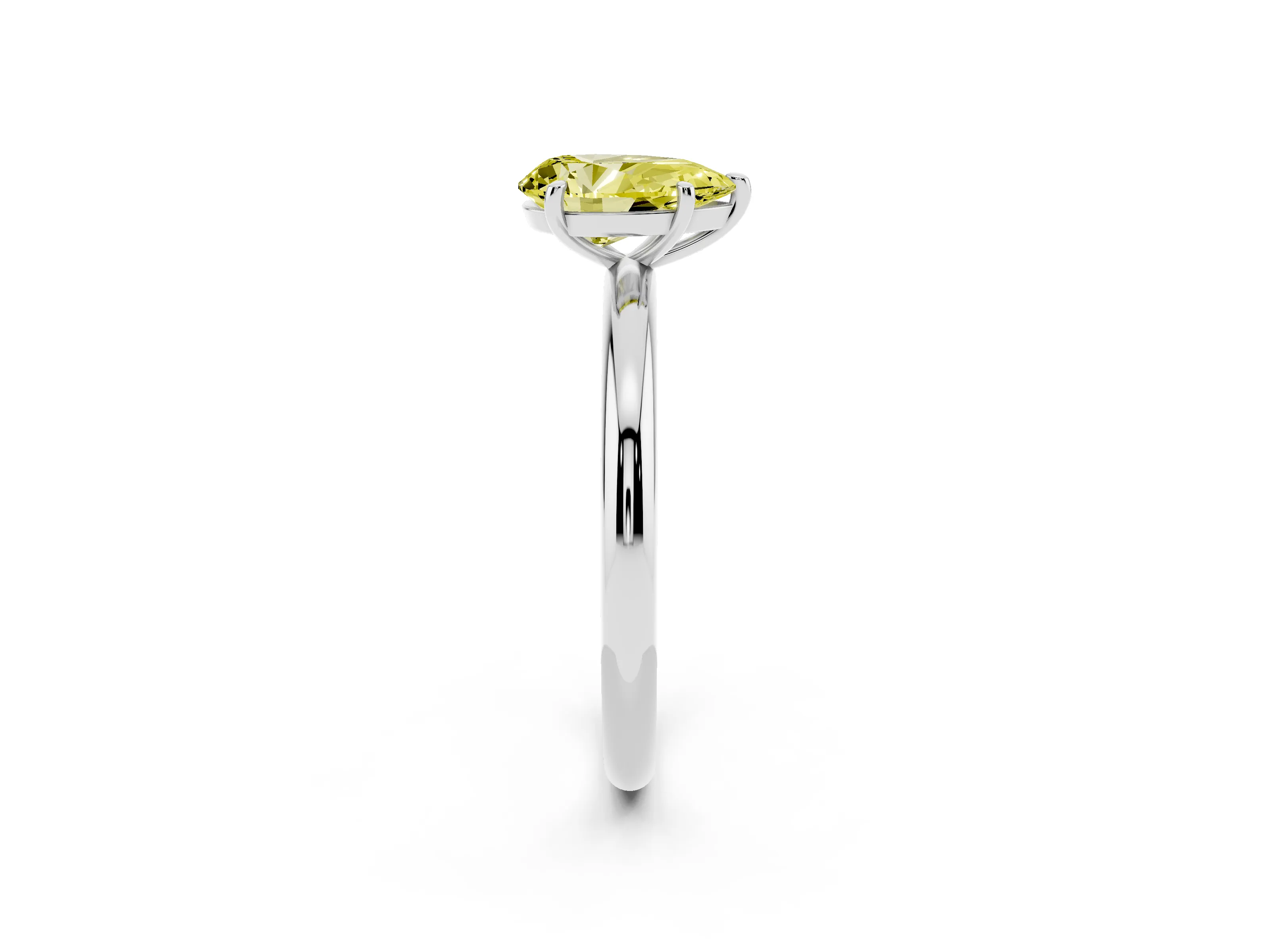 Fancy Yellow Pear Cut Diamond Solitaire Ring Set in White gold with Prong Setting on a Polished Plain Band