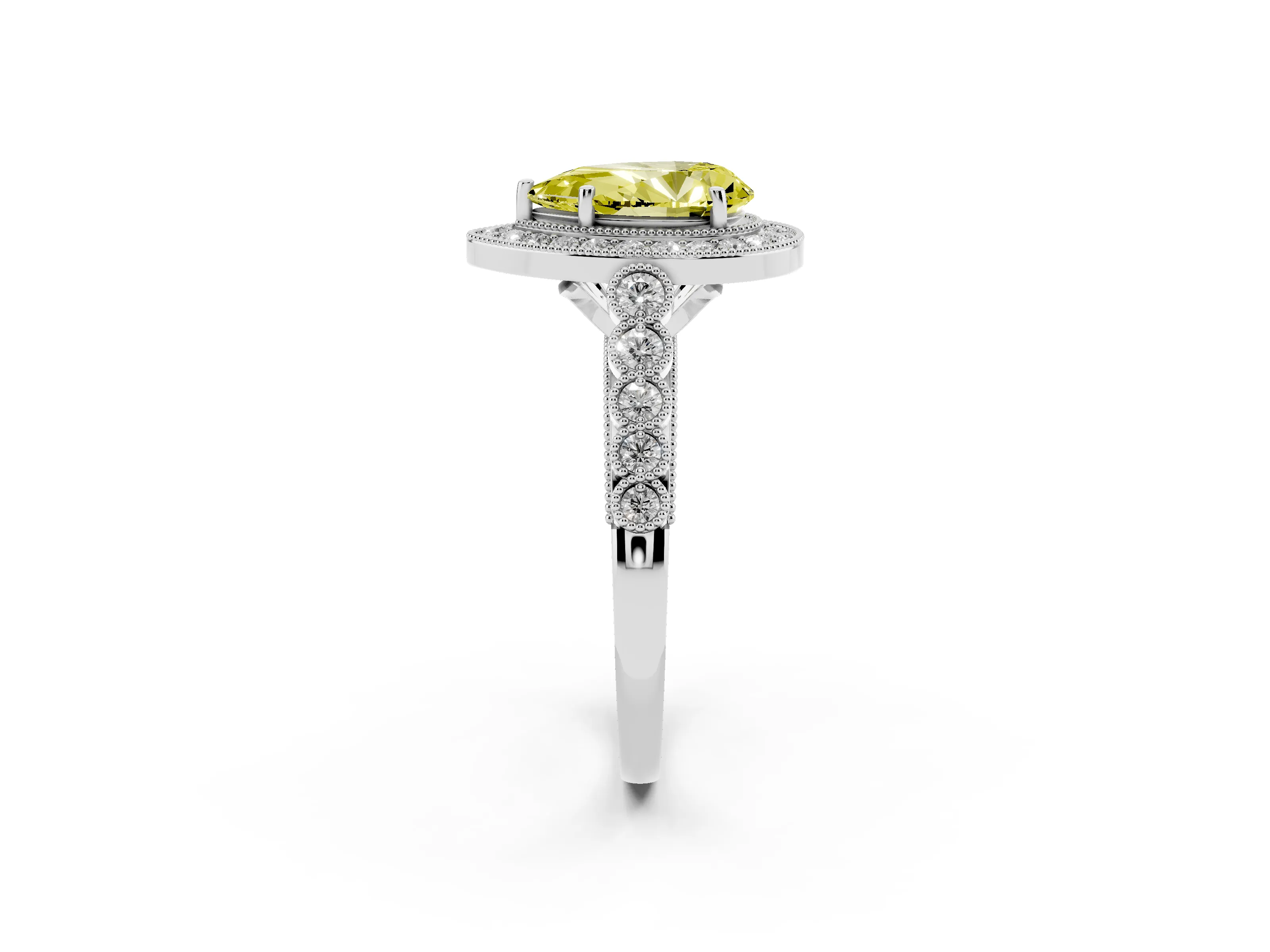 Fancy Yellow Pear Cut Diamond Milgrain Halo Solitaire Ring Set in Silver with Bezel Set Side Stones and Pavé Band