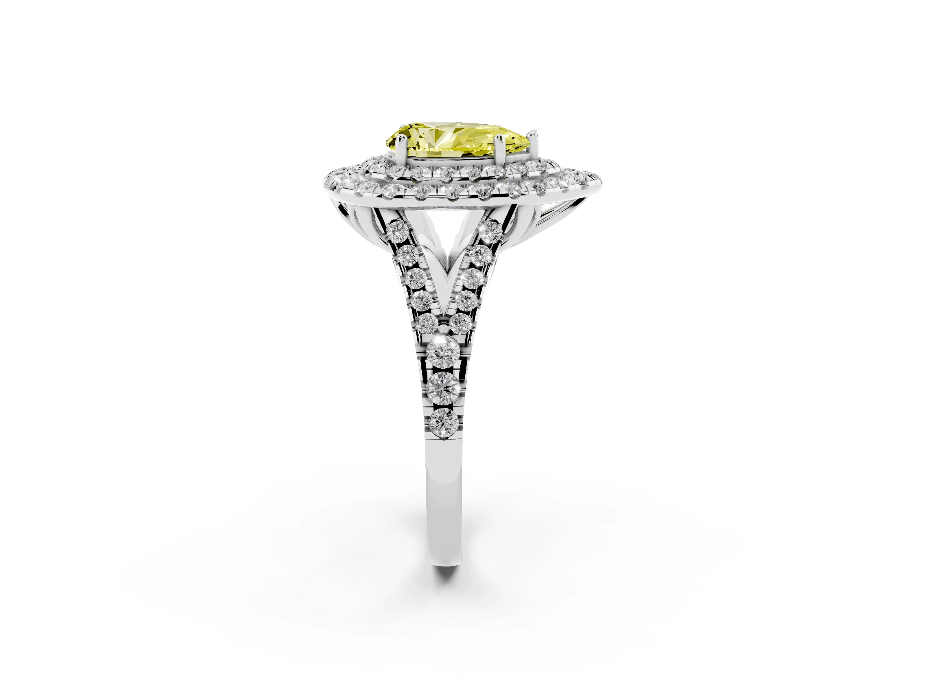 Fancy Yellow Pear Cut Diamond Double Halo Ring Set in White gold with Pavé Split Shank and Prong Setting