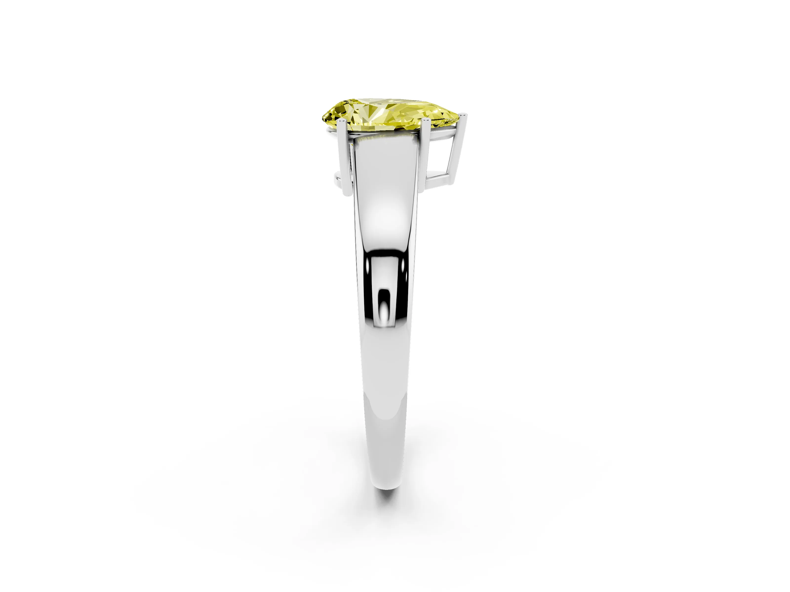 Fancy Yellow Pear Cut Diamond Solitaire Ring Set in White gold with Tapered Band and Prong Setting