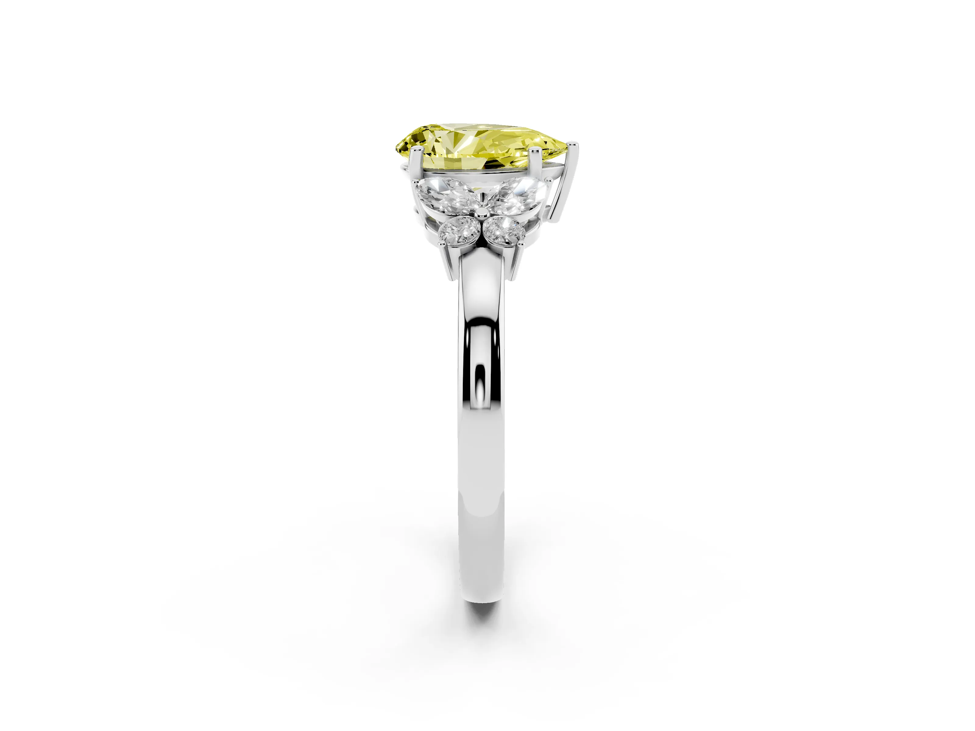 Fancy Yellow Pear Cut Diamond Solitaire Floral Ring Set in Silver with Marquise Petals and Prong Setting