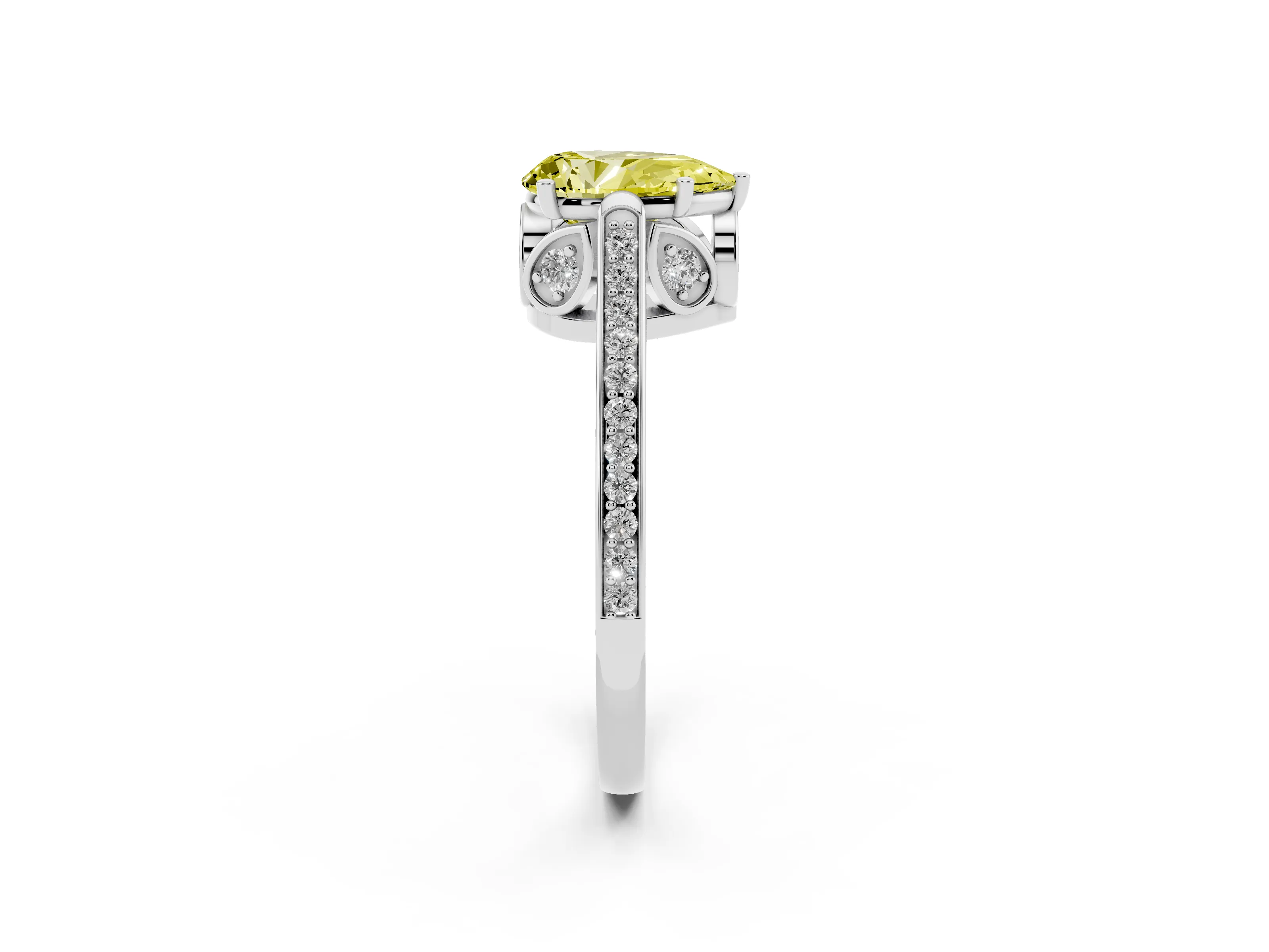 Fancy Yellow Pear Cut Diamond Cathedral Pavé Engagement Ring Set in White gold with Prong Setting