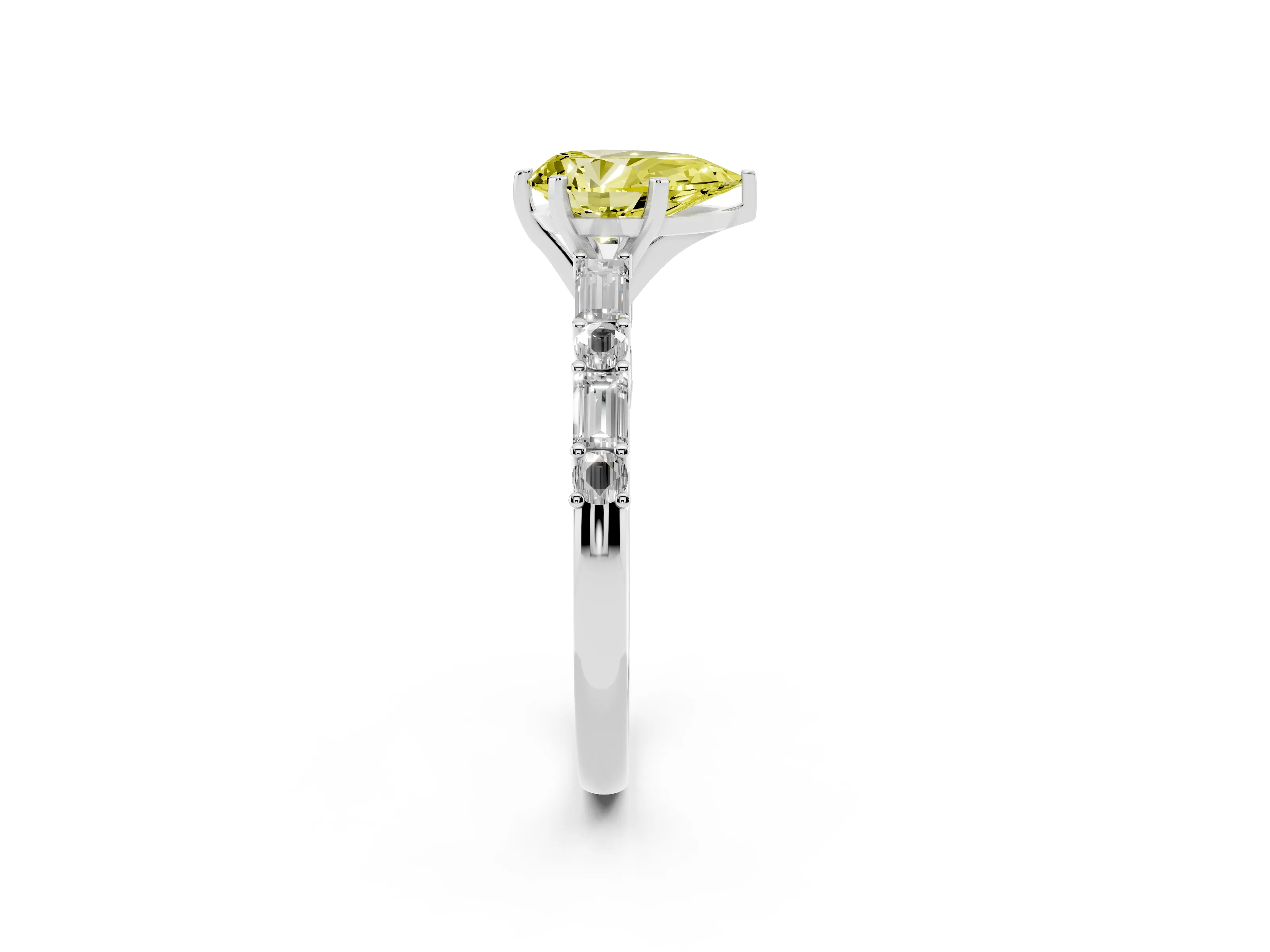 Fancy Yellow Pear Cut Diamond Solitaire Set in Platinum with Side Baguettes and Channel Set Band