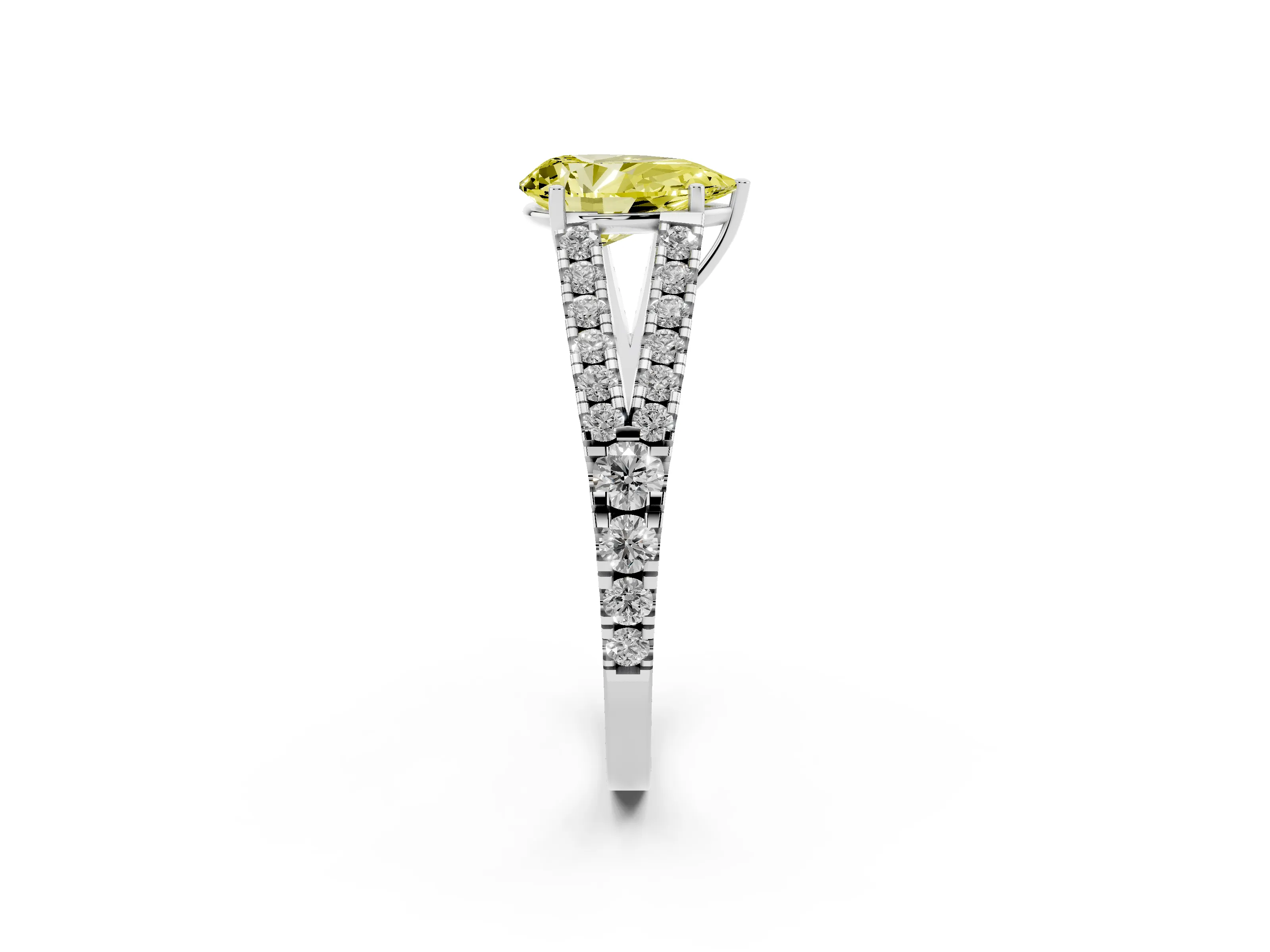 Fancy Yellow Pear Cut Diamond Split Shank Pavé Engagement Ring Set in Platinum with Prong-Held Center Stone