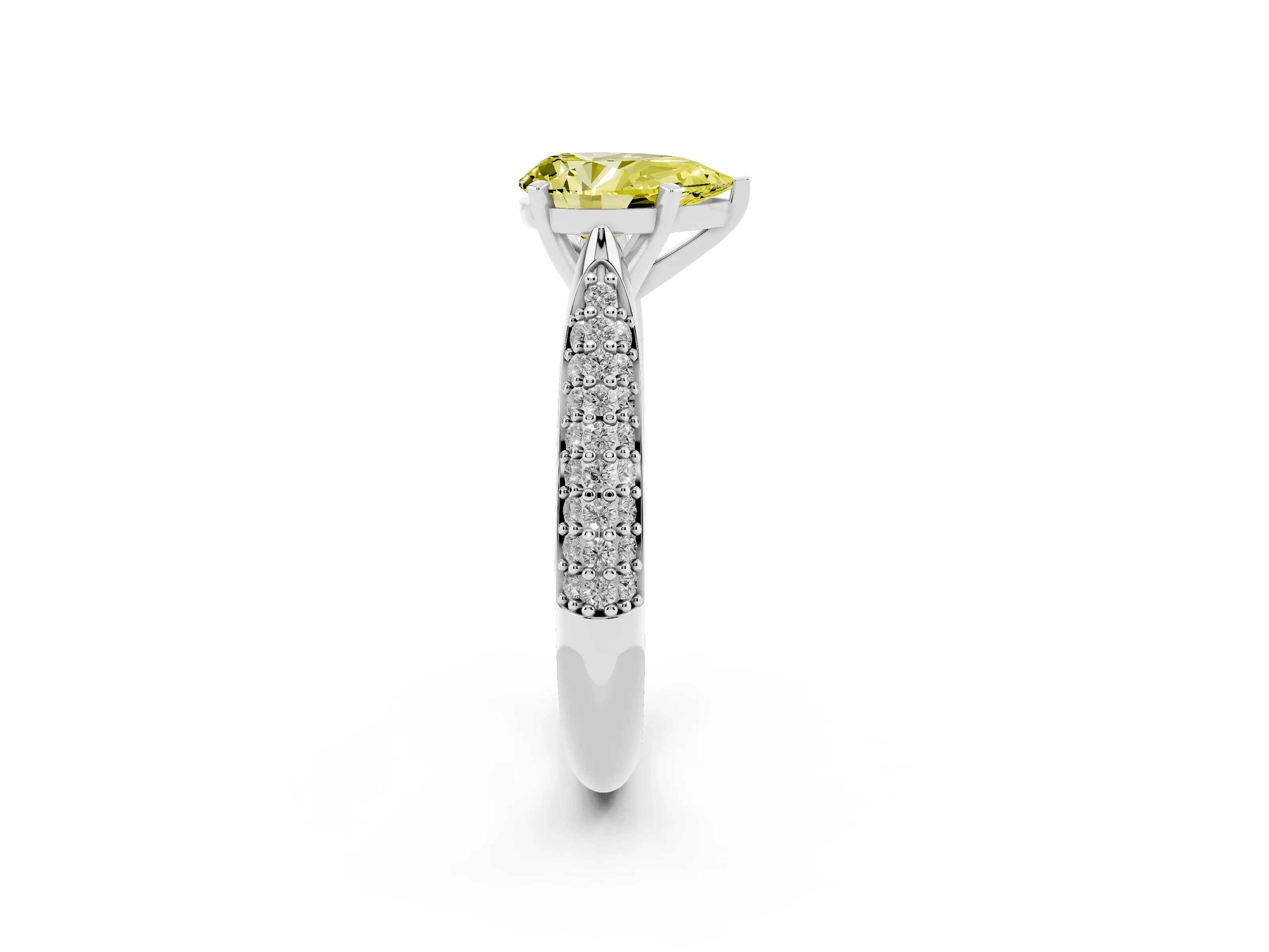 Fancy Yellow Pear Cut Diamond Solitaire Engagement Ring Set in White gold with Multi-Row Round Pavé Band and Prong Setting