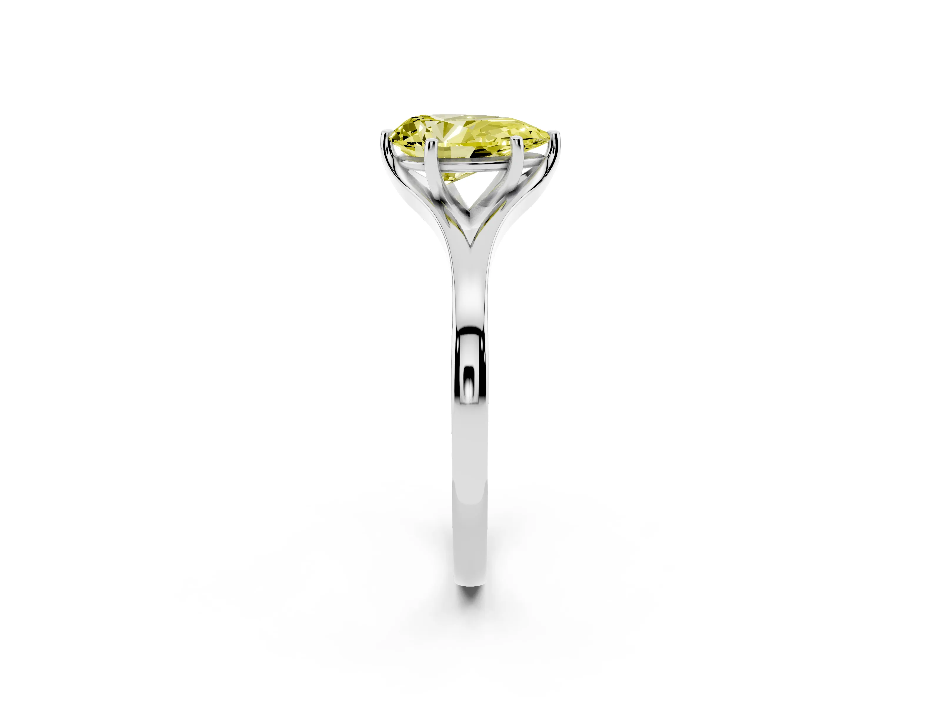 Fancy Yellow Pear Cut Diamond Solitaire Ring Set in Silver with Polished Tapered Band and Prong Setting