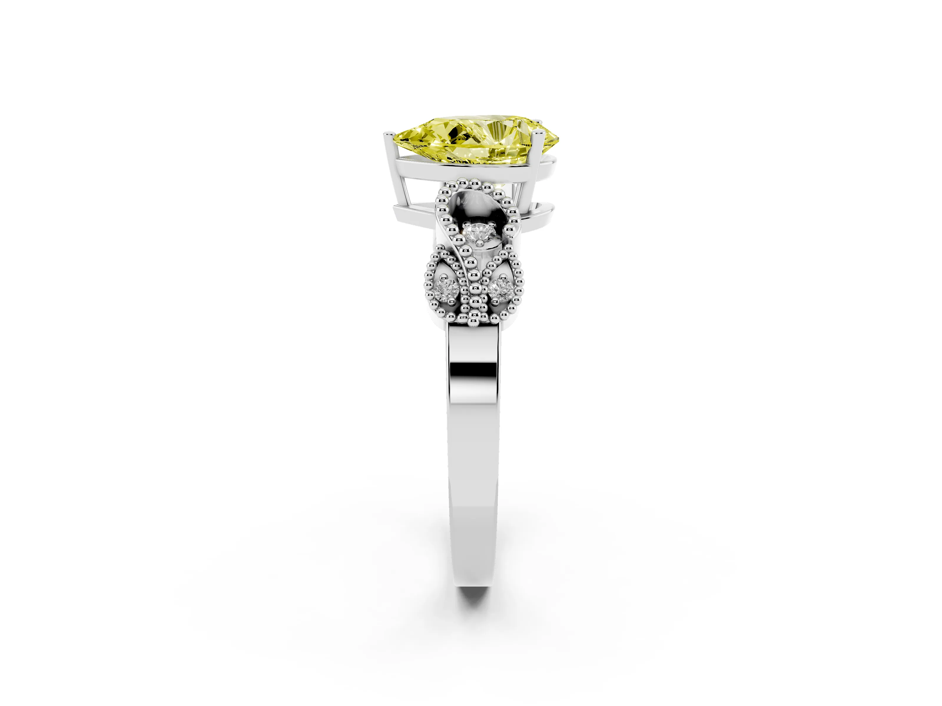Fancy Yellow Pear Cut Diamond Milgrain Leaf Band Solitaire Ring Set in White gold with Accent Stones and Prong Setting