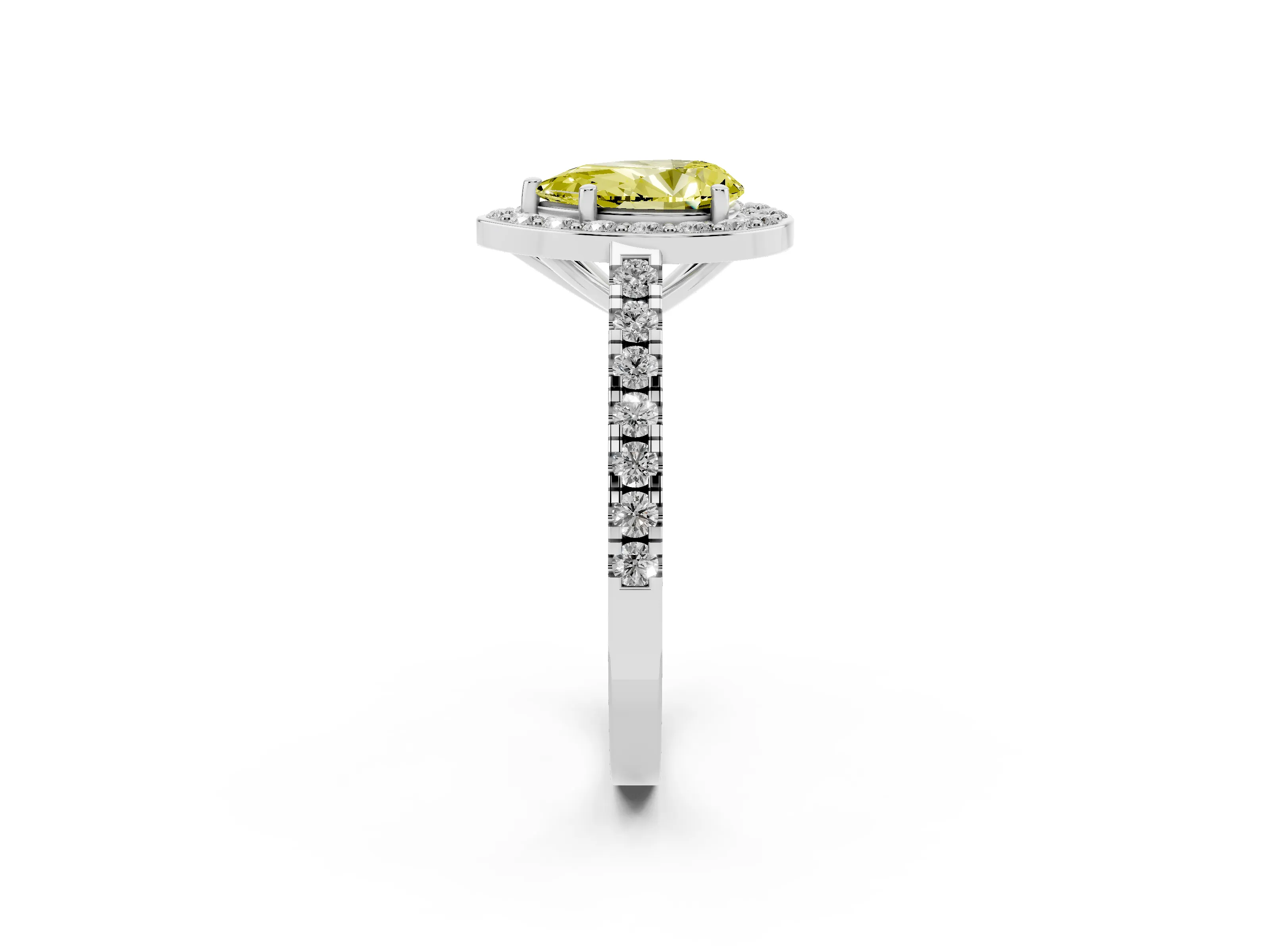 Fancy Yellow Pear Cut Diamond Halo Ring Set in Silver with Round Pavé Split Shank and Prong Setting