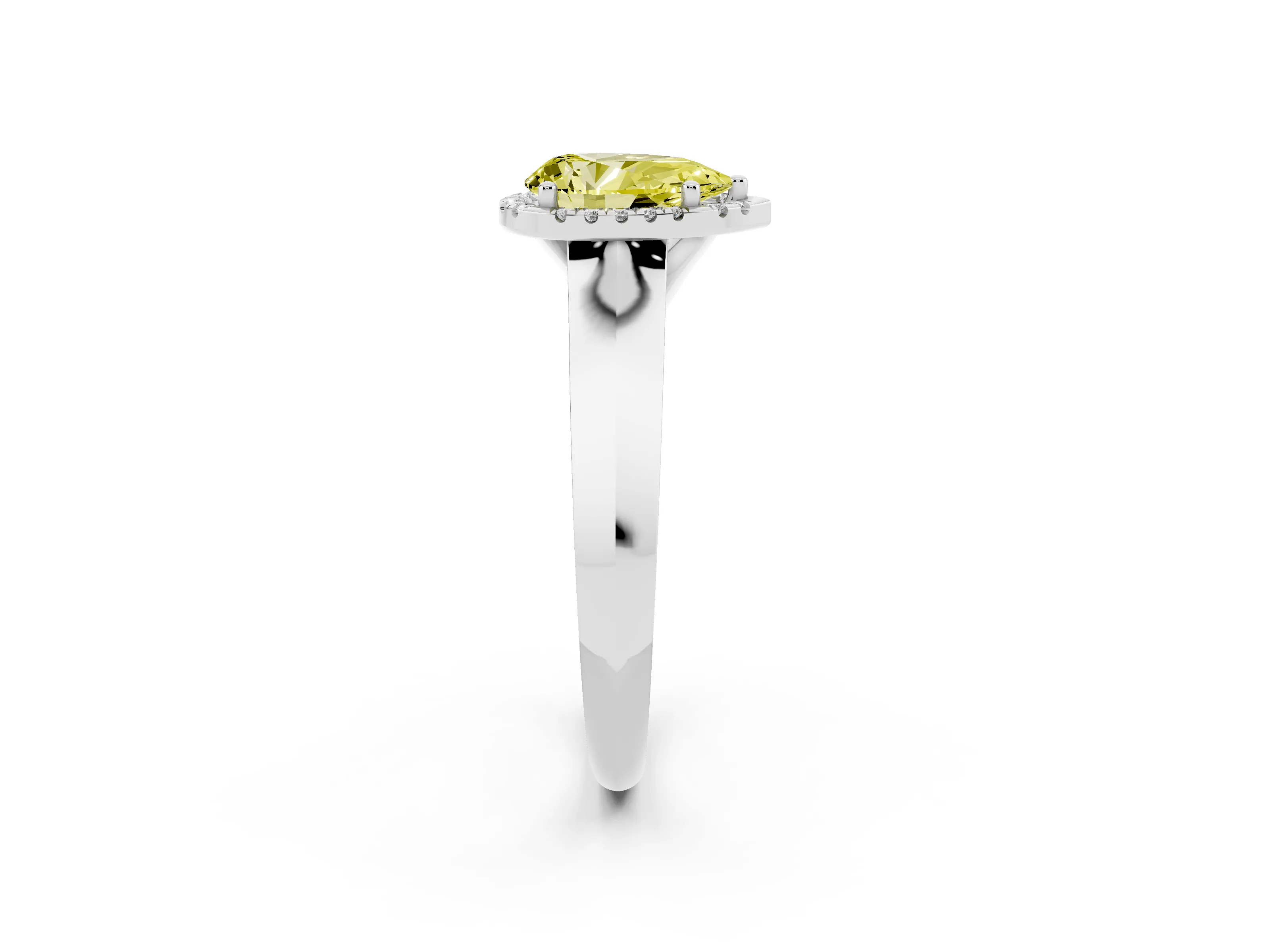 Fancy Yellow Pear Cut Diamond Halo Ring Set in White gold with Cathedral Band and Prong Setting