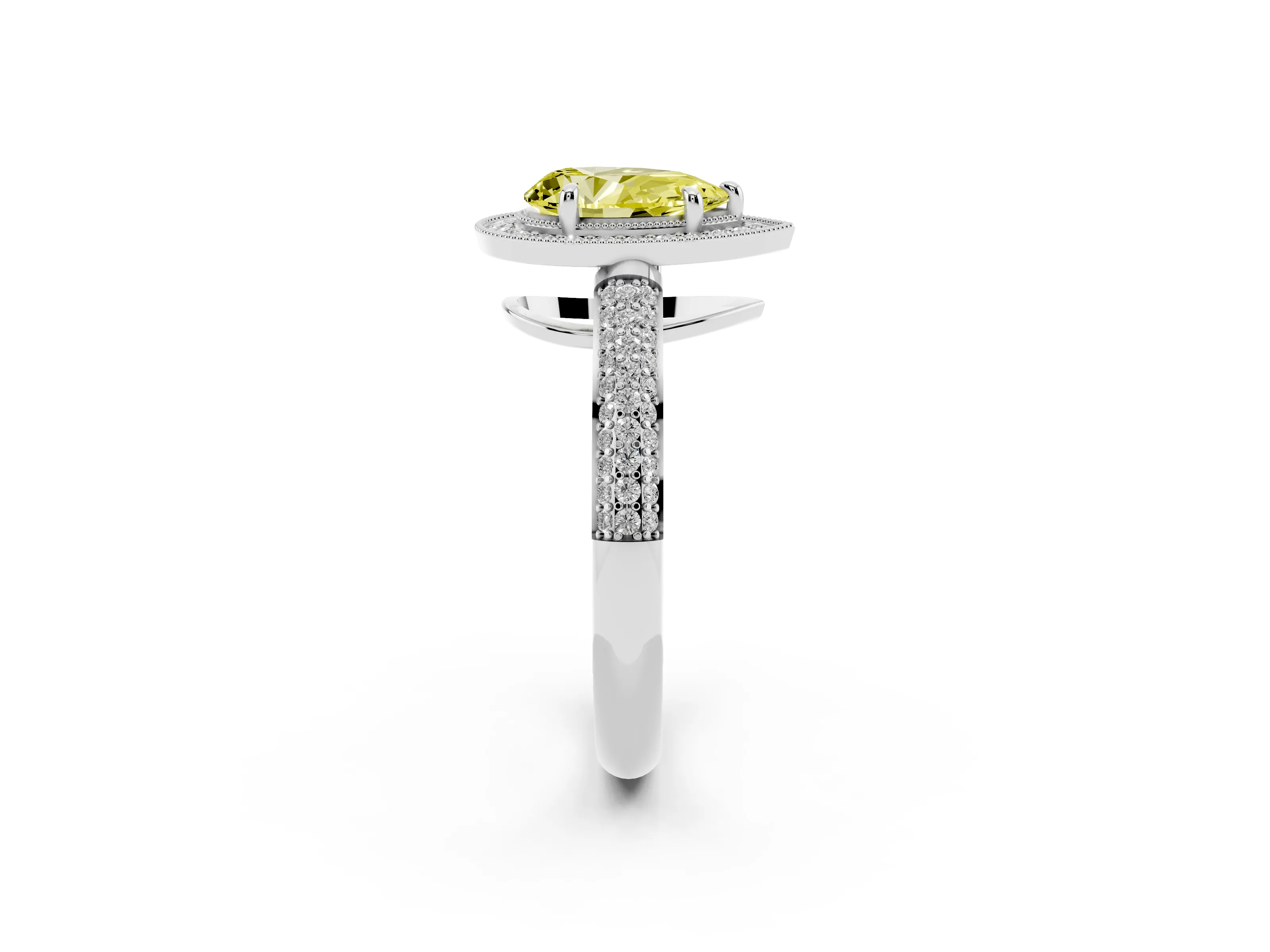 Fancy Yellow Pear Cut Diamond Halo Pavé Band Set in Platinum with Prong Setting