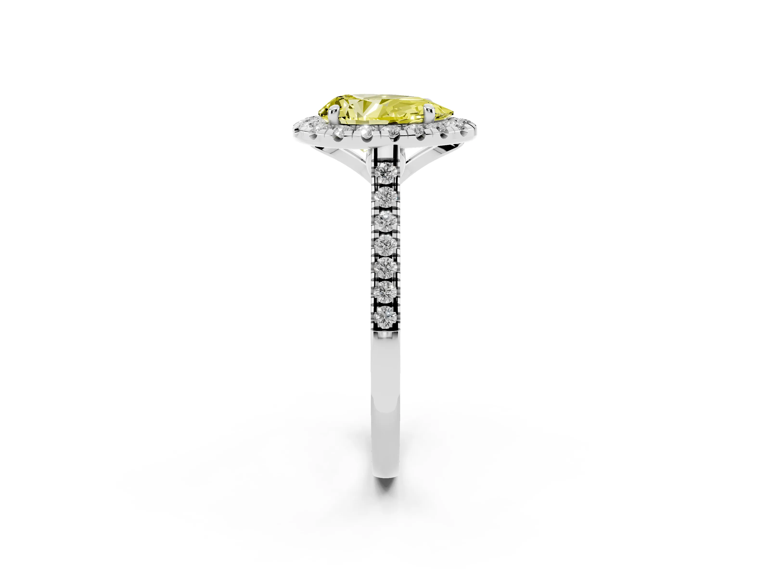 Fancy Yellow Pear Cut Diamond Cushion Halo Ring Set in White gold with Pavé Band