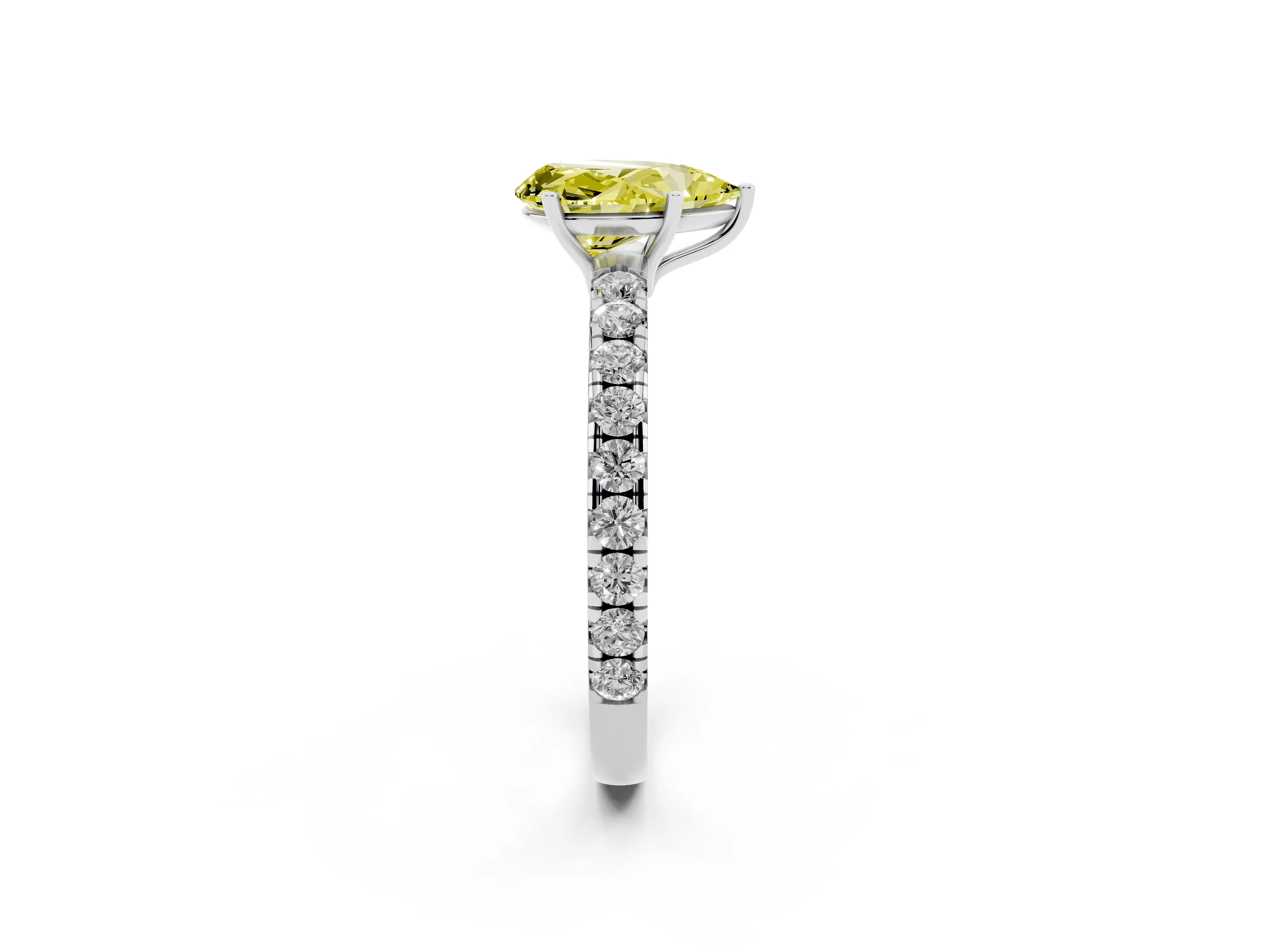 Fancy Yellow Pear Cut Diamond Pavé Solitaire Engagement Ring Set in Platinum with Prong Setting