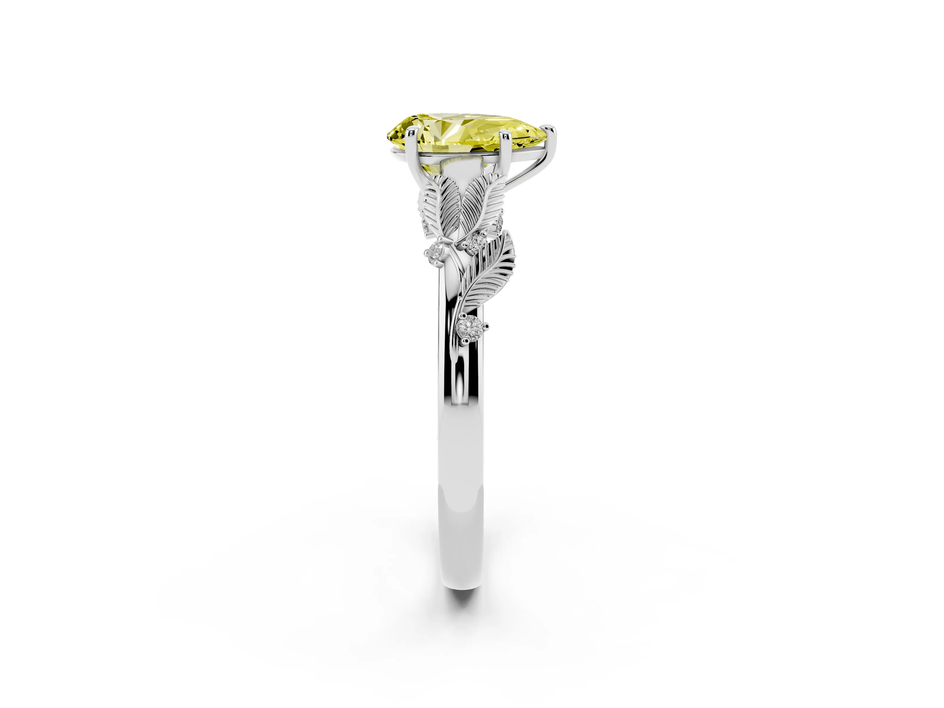 Fancy Yellow Pear Cut Diamond Solitaire Ring Set in Silver with Leaf Motif Band