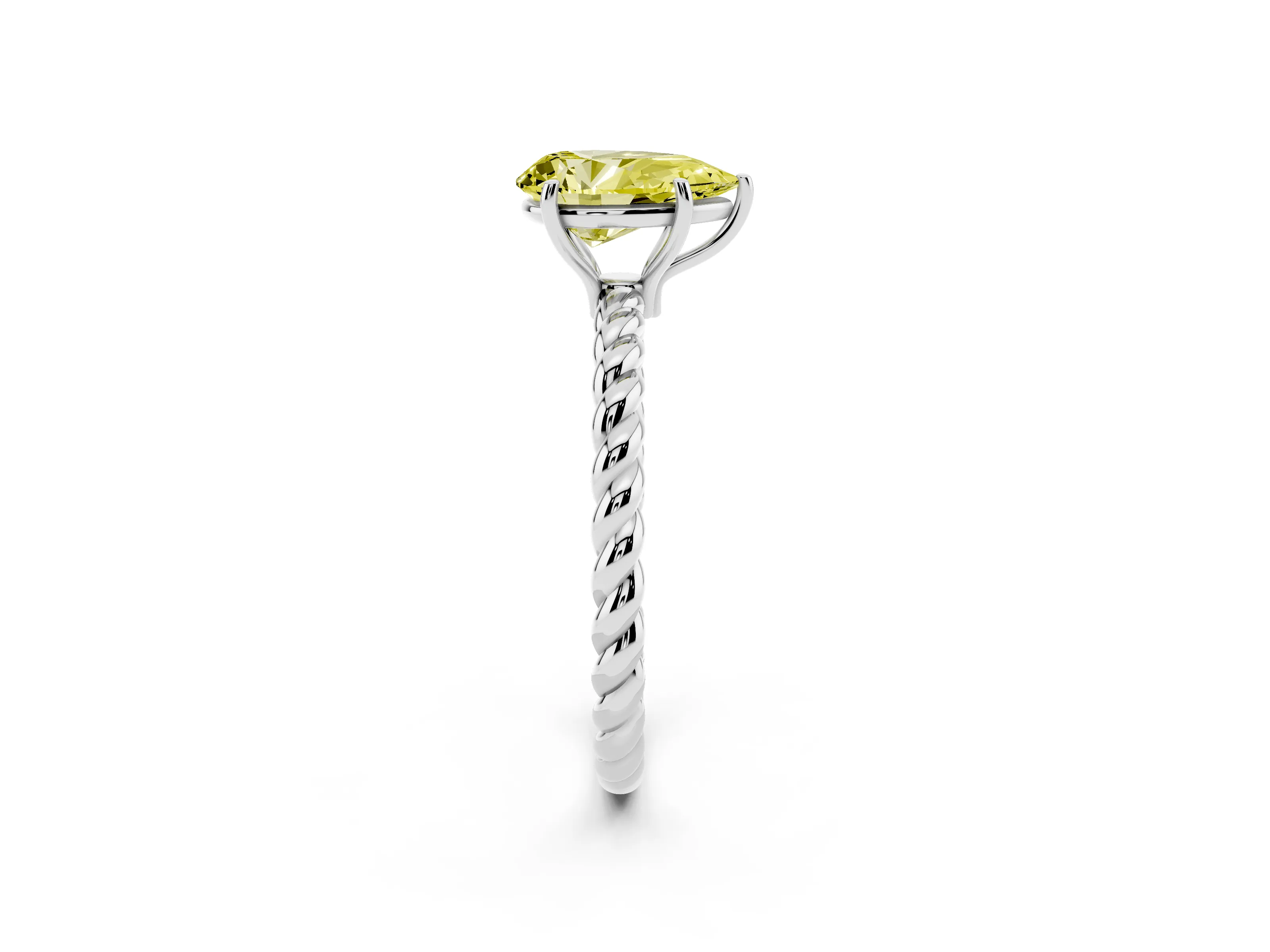 Fancy Yellow Pear Cut Diamond Solitaire Ring Set in Platinum with Twist Band and Prong Setting