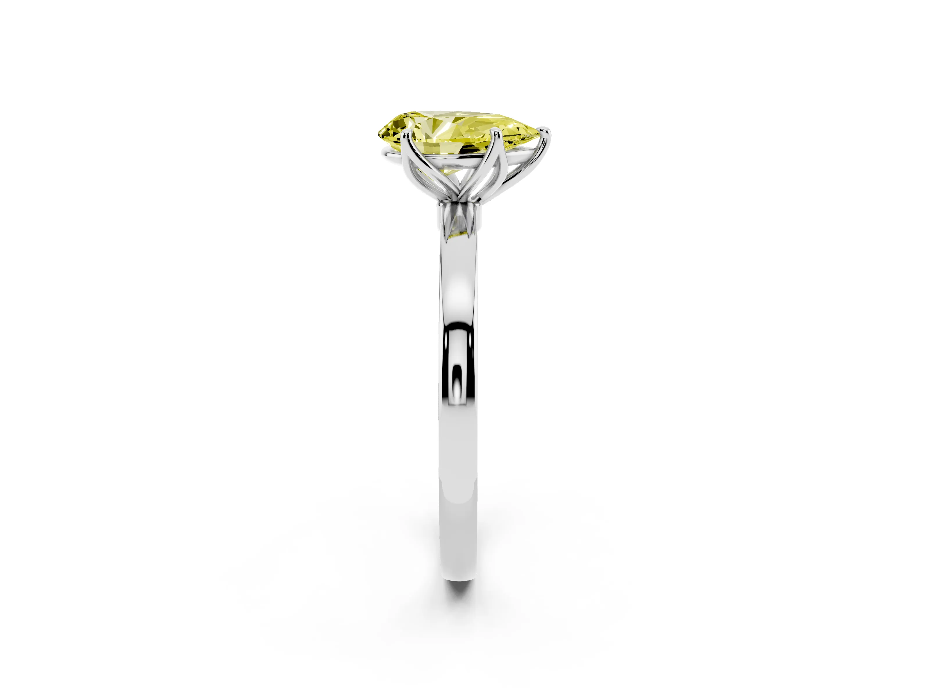 Fancy Yellow Pear Cut Diamond Solitaire Ring Set in Platinum with Prong Setting and Thin Polished Band