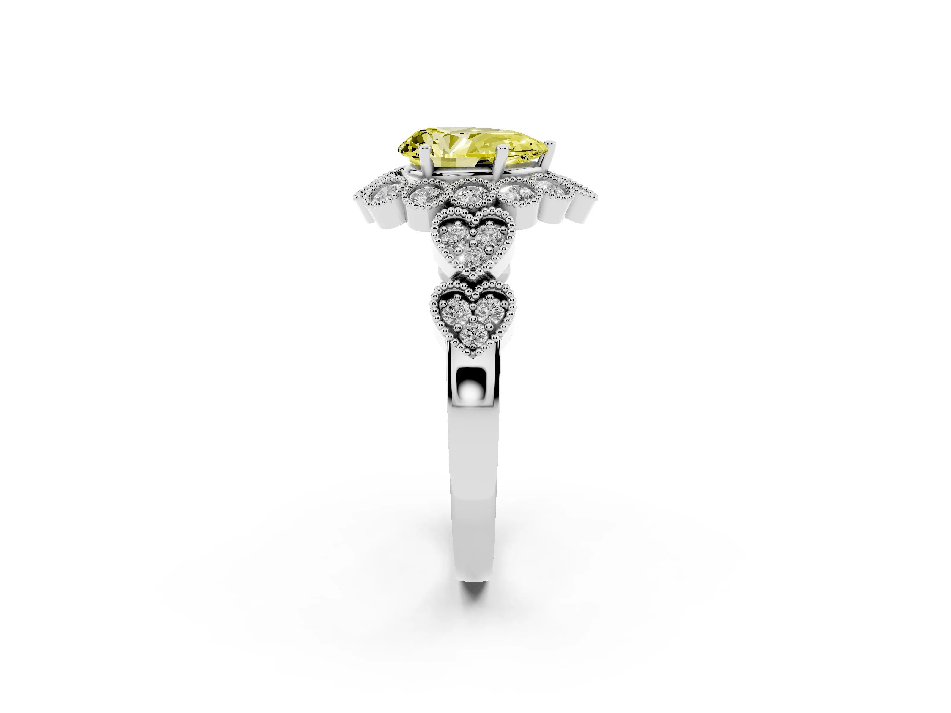 Fancy Yellow Pear Cut Diamond Solitaire Ring Set in Platinum with Milgrain Pavé Heart Band
