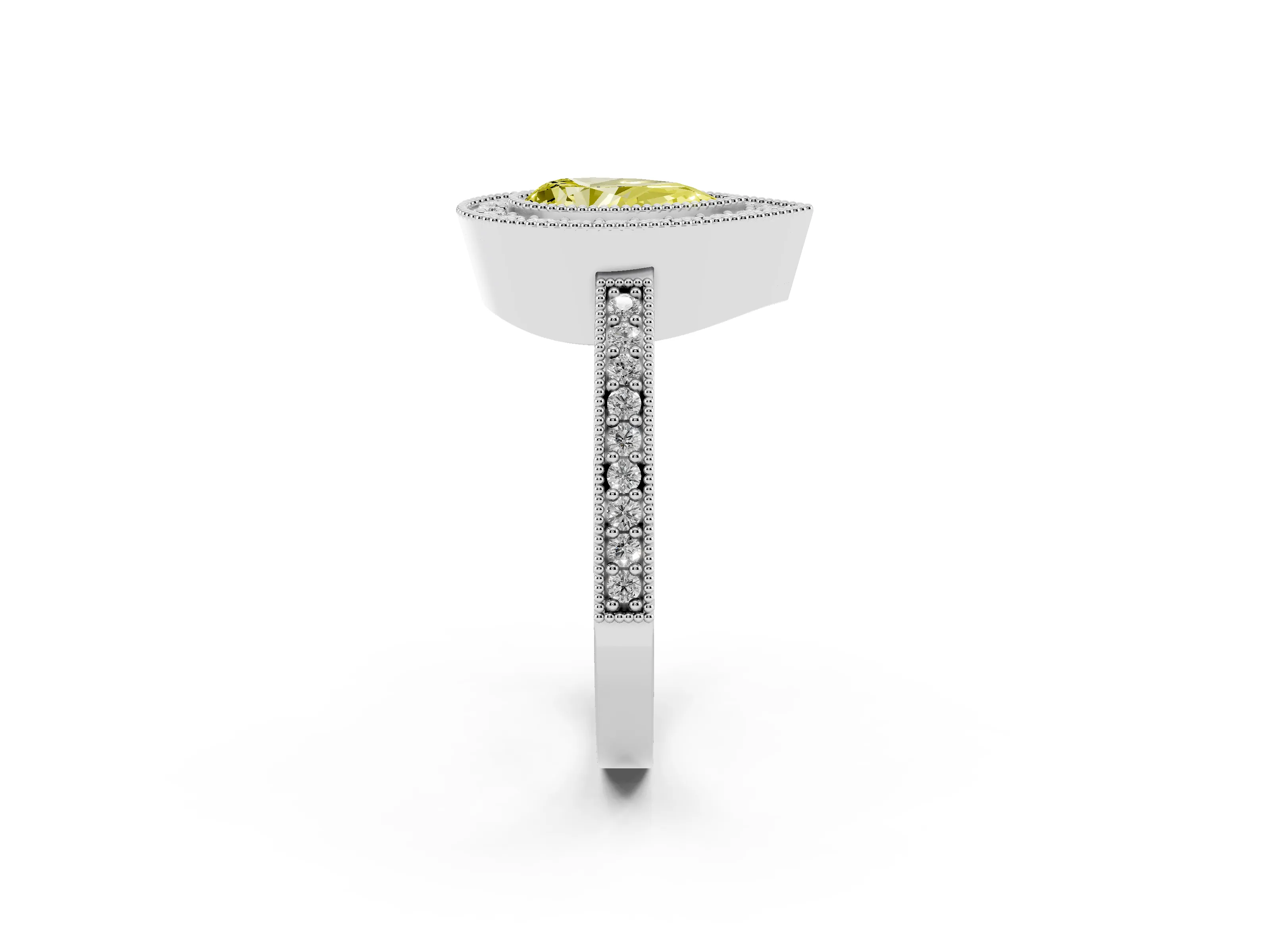Fancy Yellow Pear Cut Diamond Halo Engagement Ring Set in White gold with Pavé Band and Round Halo Stones