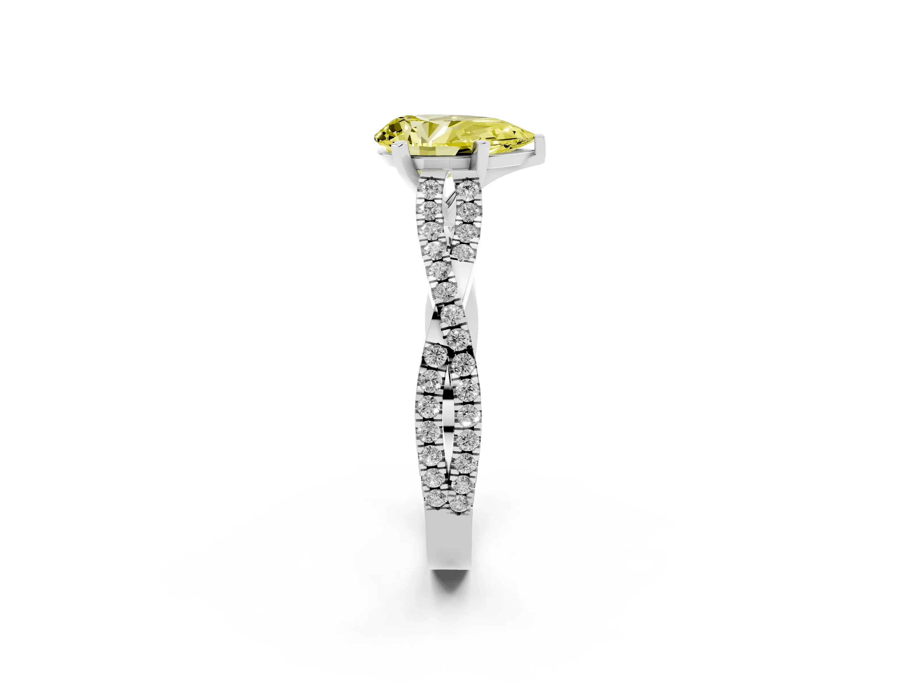Fancy Yellow Pear Cut Diamond Solitaire Engagement Ring Set in White gold with Twisted Pavé Band and Prong Setting