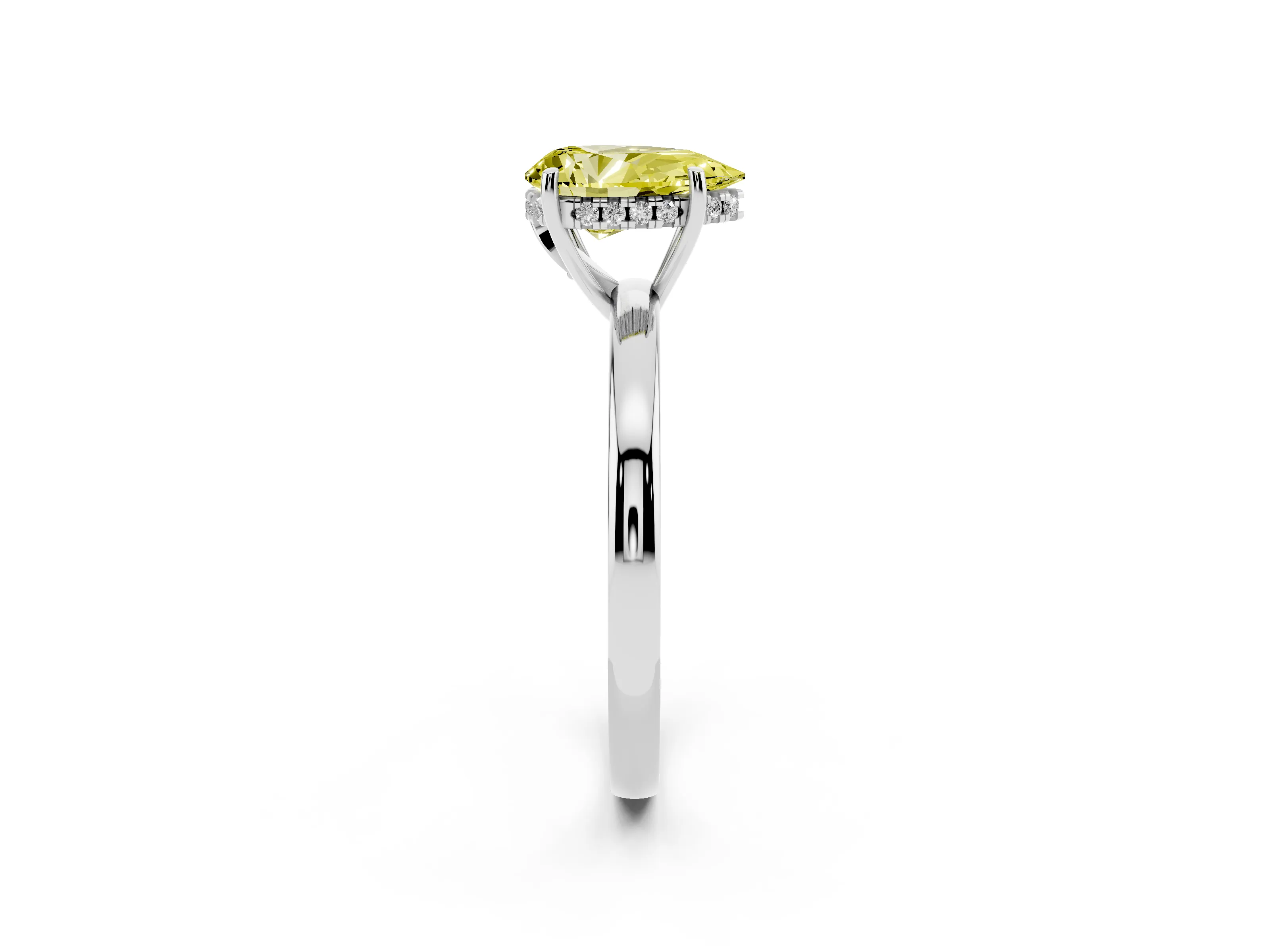 Fancy Yellow Pear Cut Diamond Solitaire Ring Set in Silver with Plain Band and Prong Setting