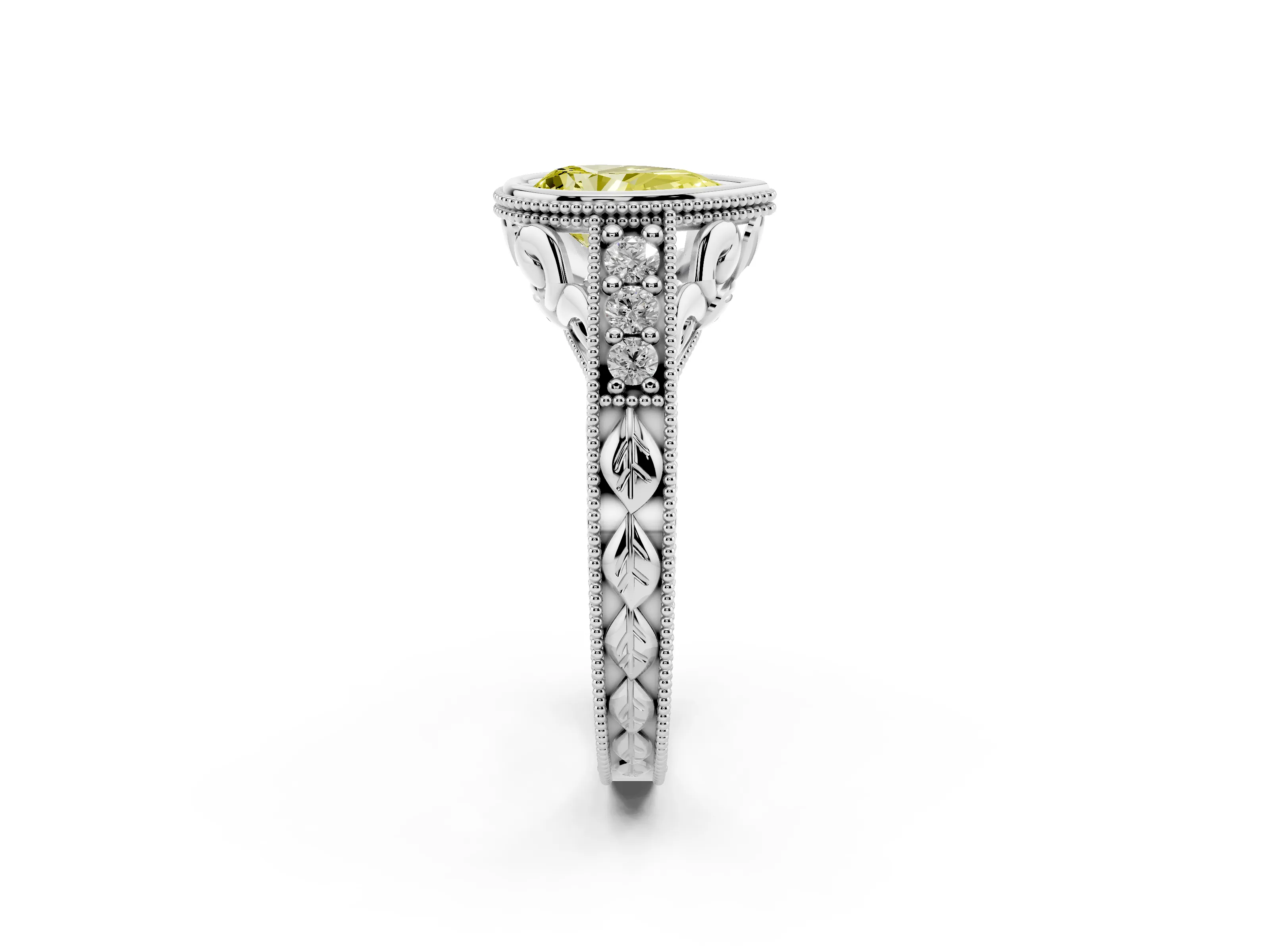 Fancy Yellow Bezel Set Pear Cut Diamond Milgrain Pavé Engagement Ring Set in Silver