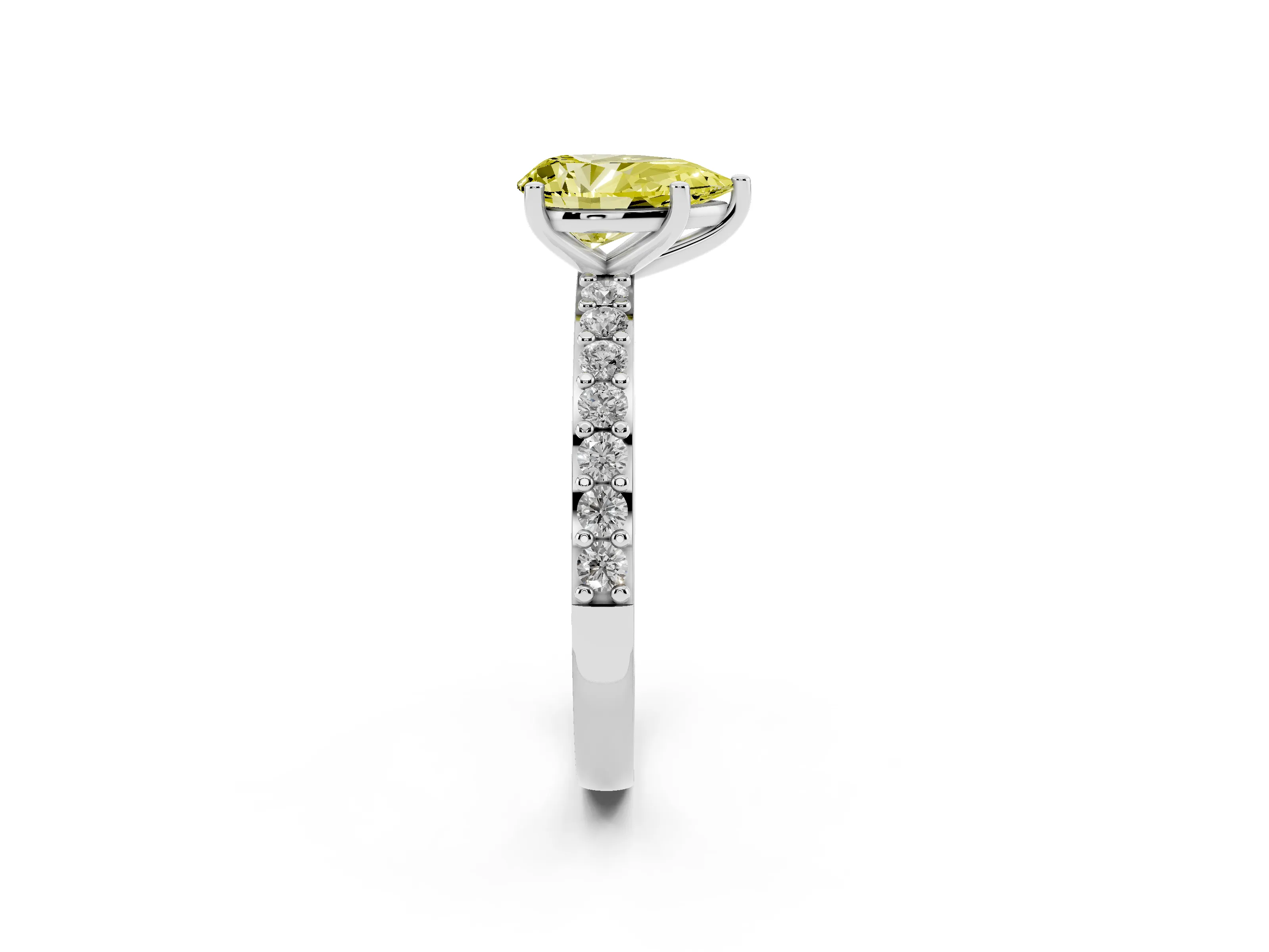 Fancy Yellow Pear Cut Diamond Solitaire Set in Silver with Round Pavé Band and Prong Setting