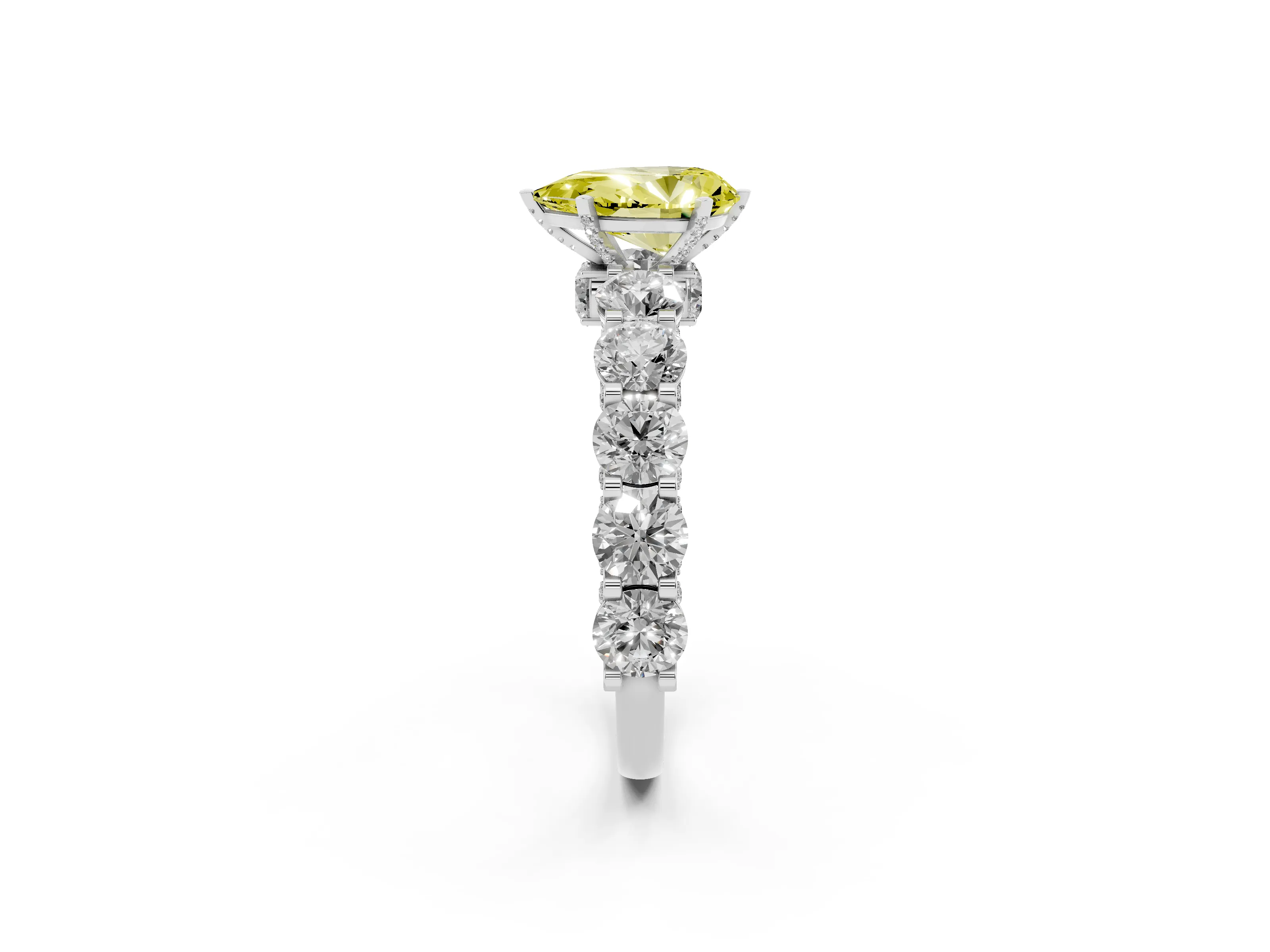 Fancy Yellow Pear Cut Diamond Side Stone Ring Set in Platinum with Alternating Round and Oval Side Stones