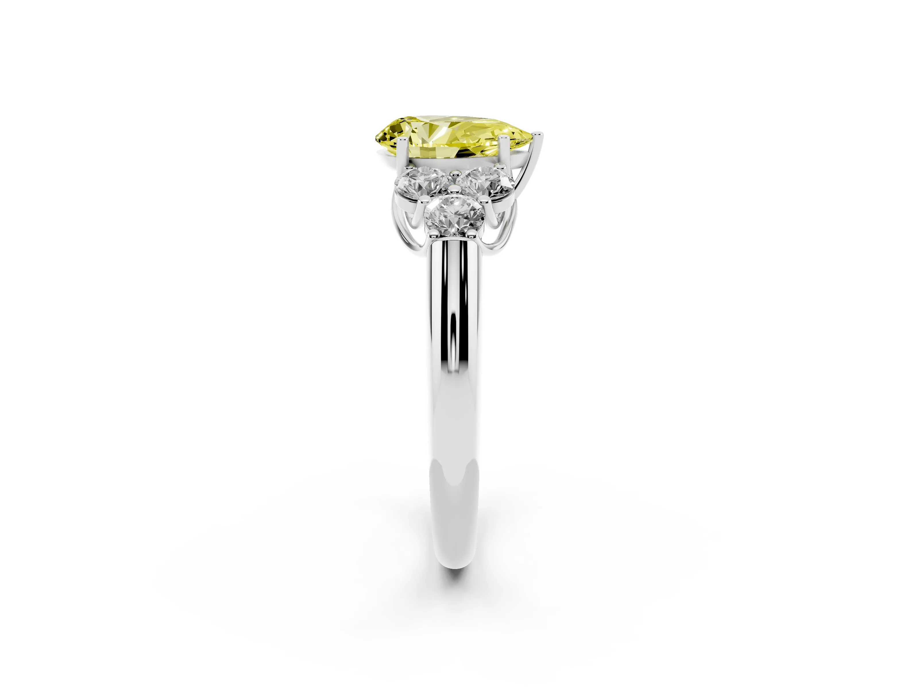 Fancy Yellow Pear Cut Diamond Cluster Ring Set in Platinum with Round Accent Stones and Prong Setting on a Plain Band