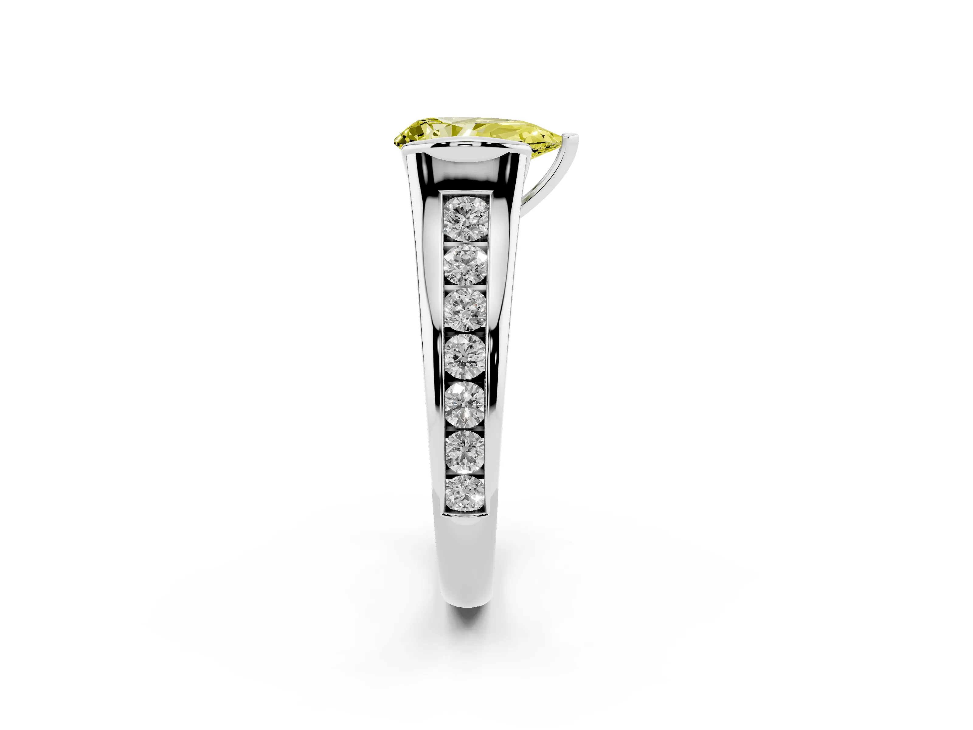 Fancy Yellow Pear Cut Diamond Bezel-Set Solitaire Ring Set in White gold with Channel-Set Band