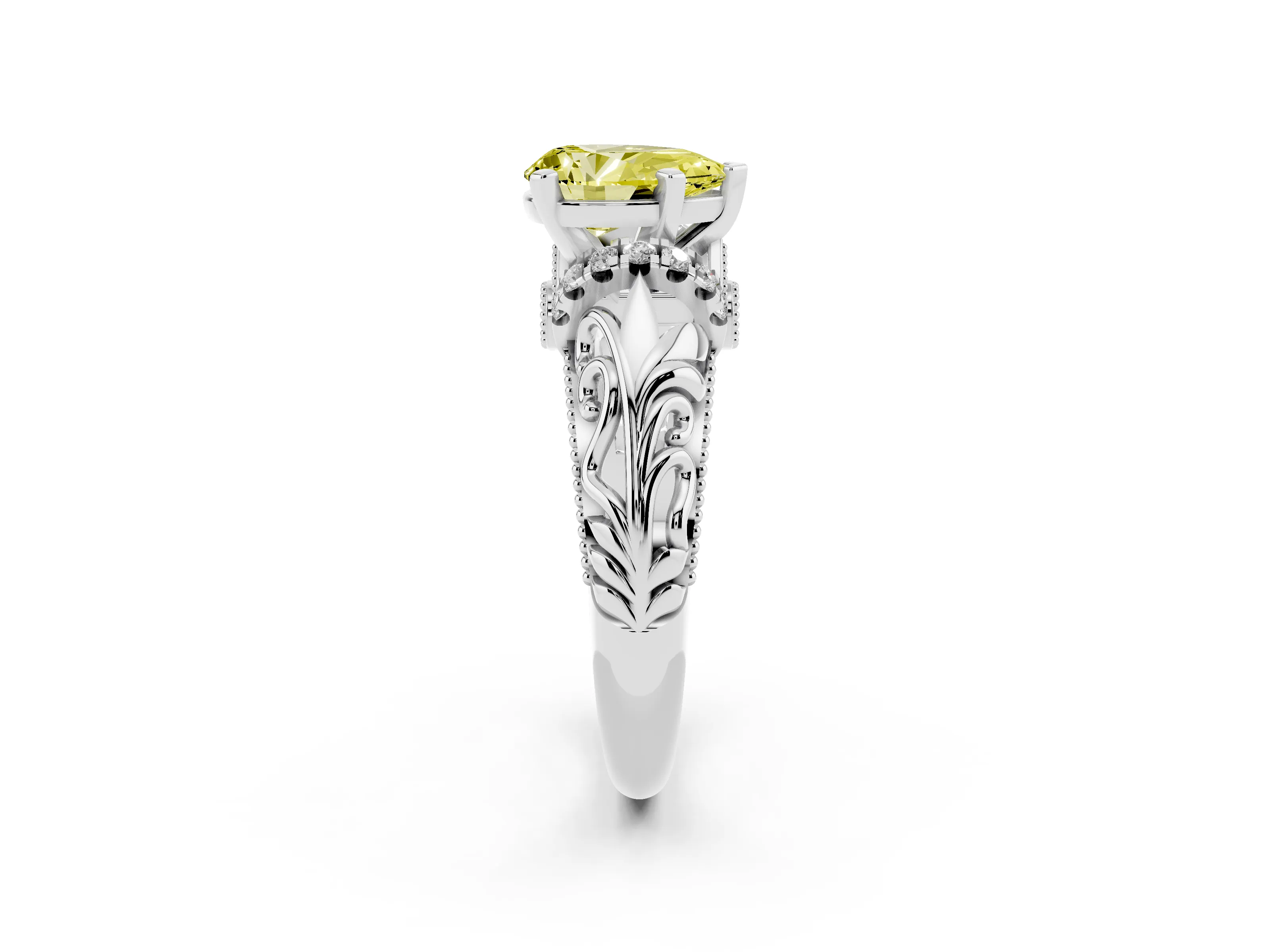 Fancy Yellow Pear Cut Diamond Filigree Halo Engagement Ring Set in White gold with Prong Setting