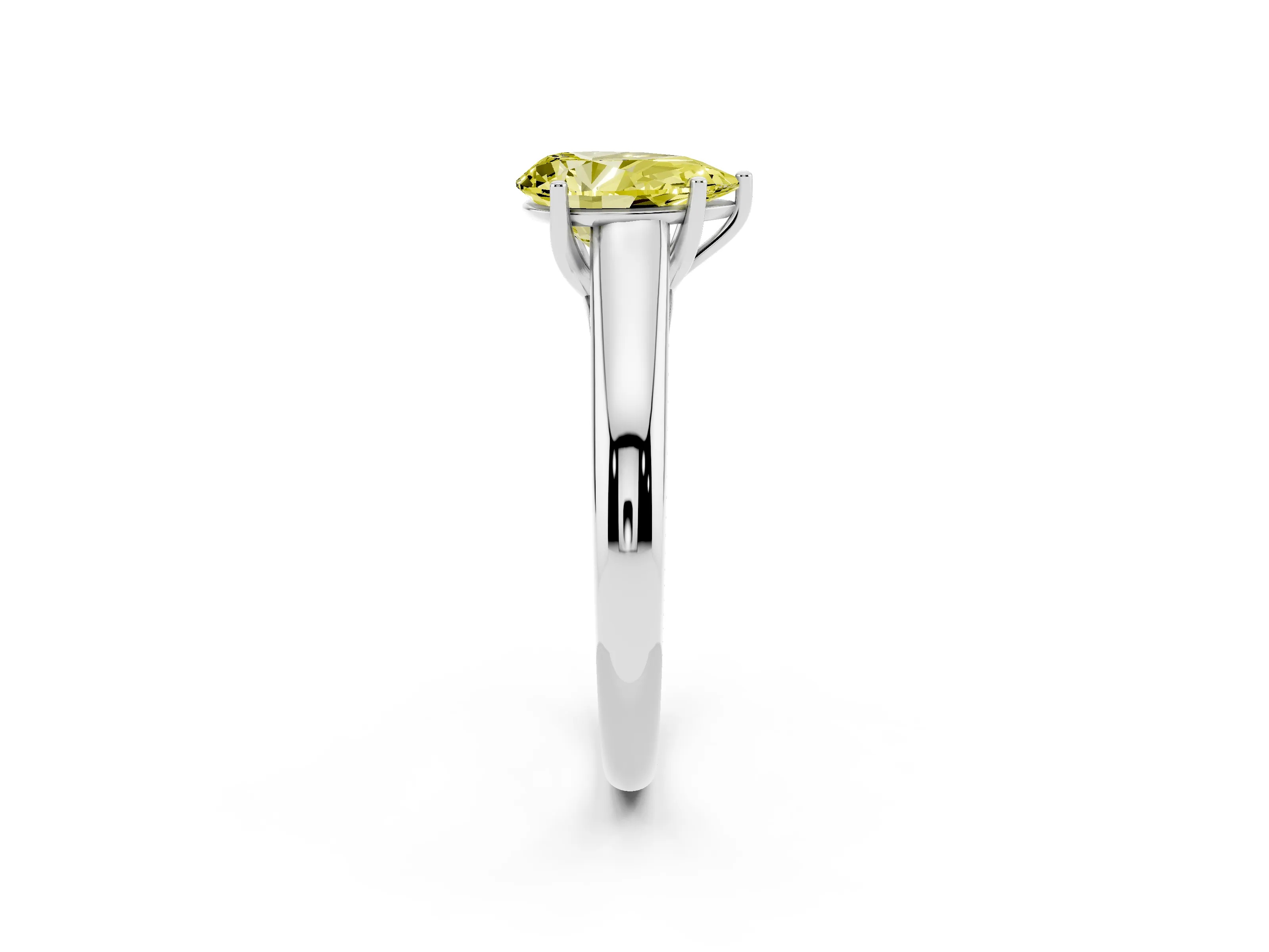 Fancy Yellow Pear Cut Diamond Solitaire Engagement Ring Set in White gold with Subtly Tapered Band and Prong Setting