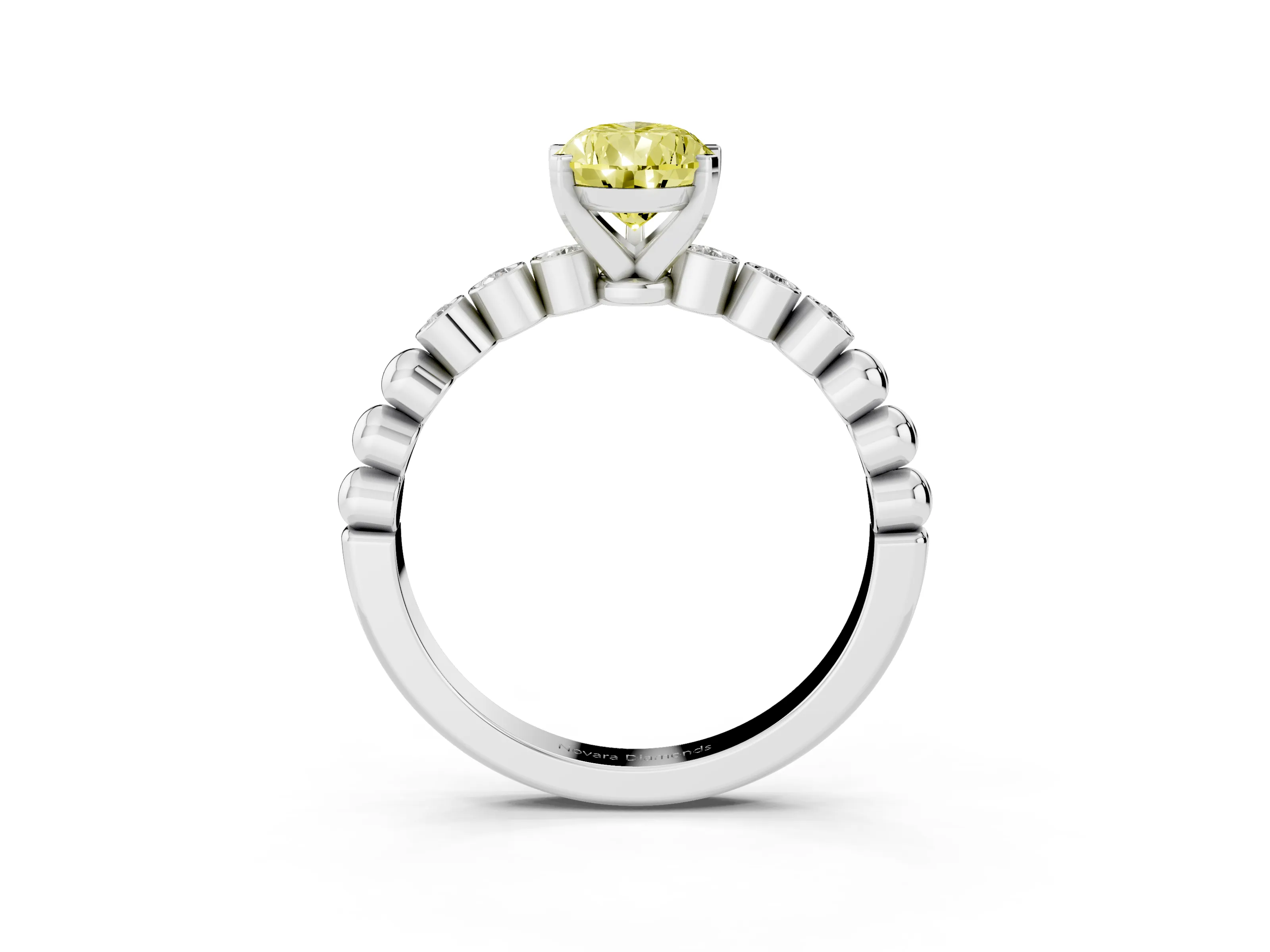 Fancy Yellow Pear Cut Diamond Solitaire Engagement Ring Set in Silver with Bezel Accents on Beaded Band