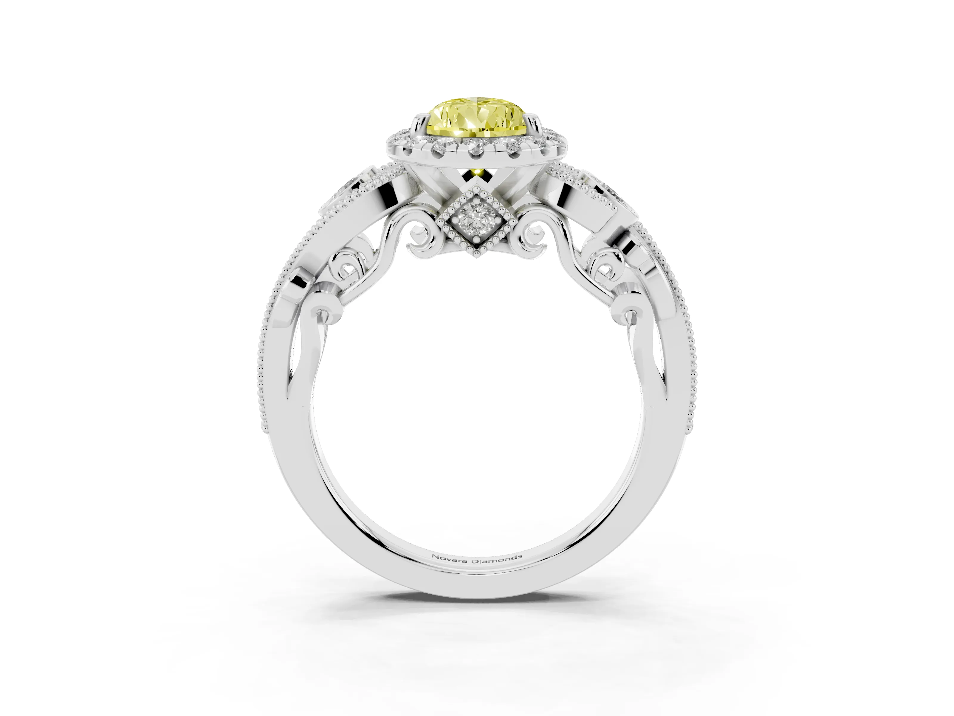 Fancy Yellow Pear Cut Diamond Halo Ring Set in Platinum with Milgrain Pavé Band and Prong Setting