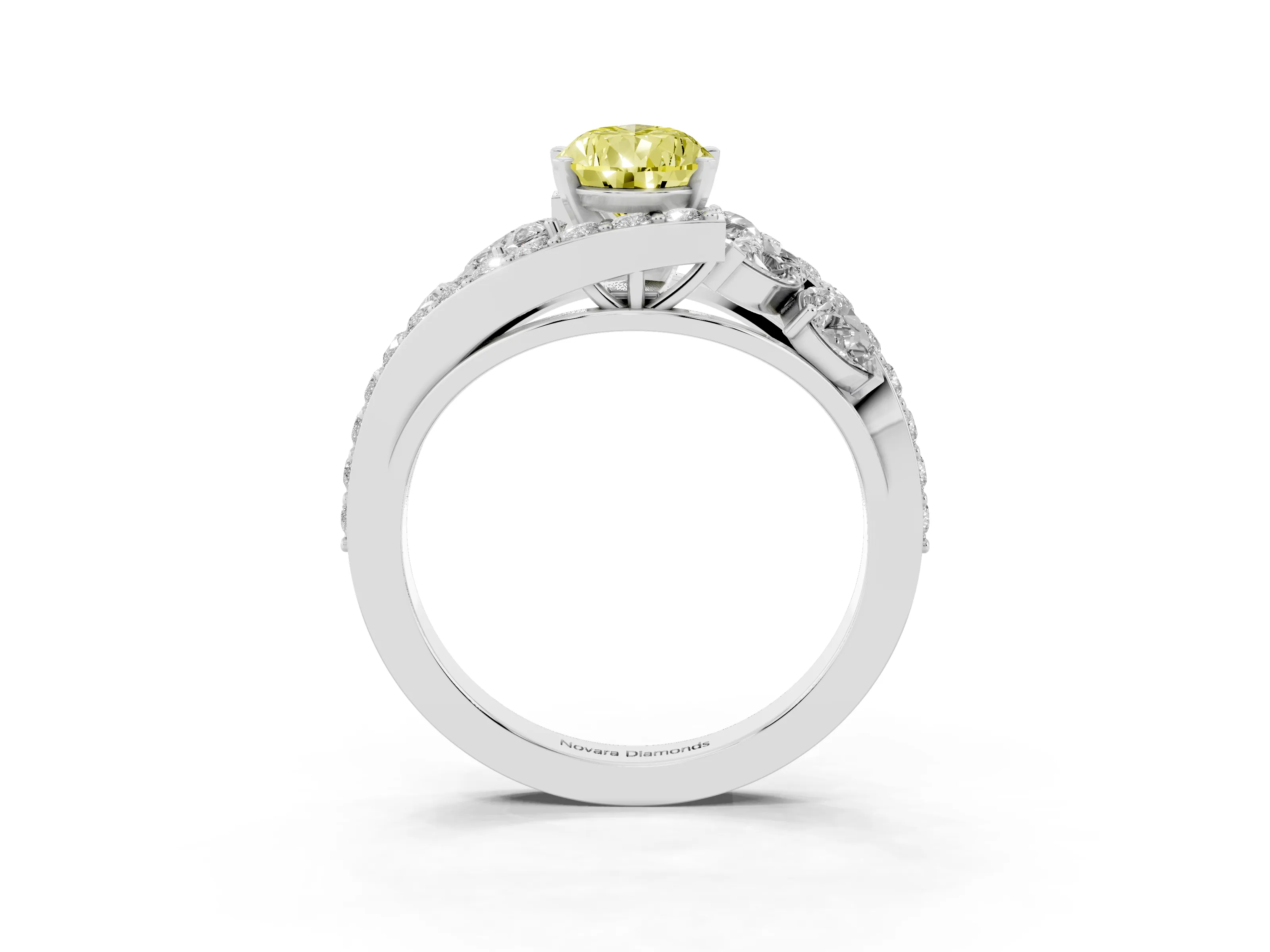 Fancy Yellow Pear Cut Diamond Halo Ring Set in Platinum with Marquise and Pavé Band in Prong Setting