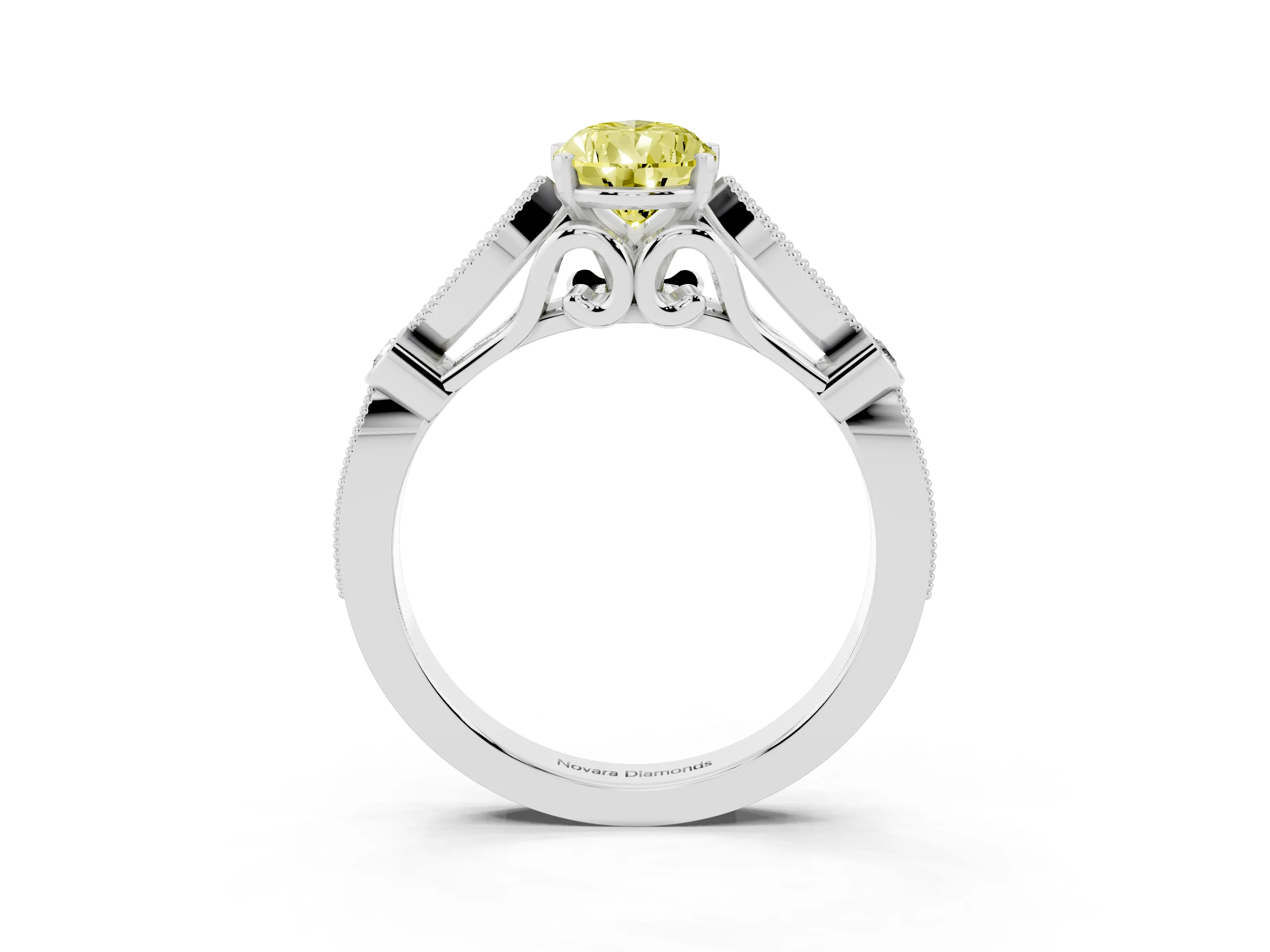 Fancy Yellow Pear Cut Diamond Solitaire Ring Set in Platinum with Milgrain Marquise and Bezel Accents