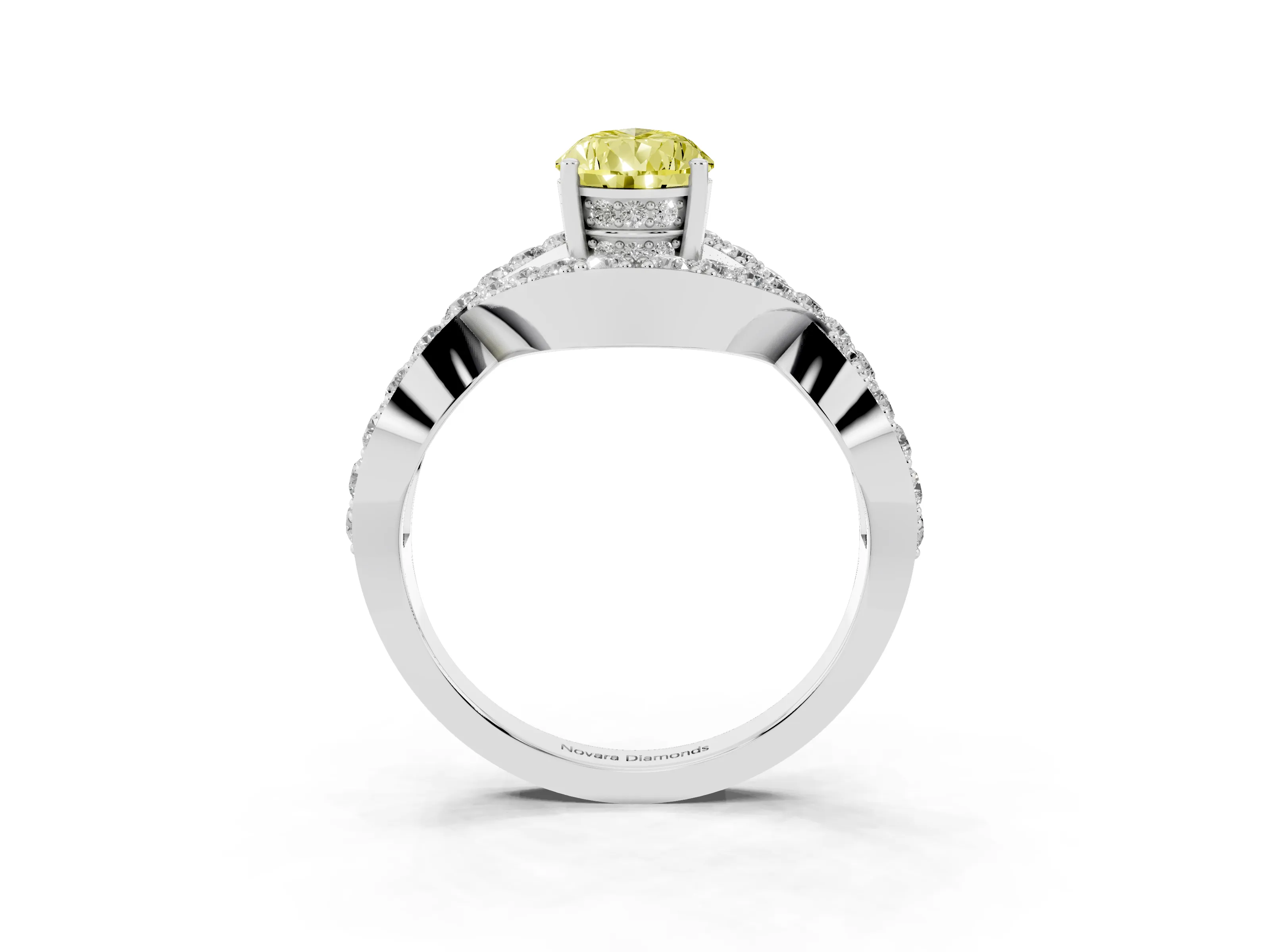 Fancy Yellow Pear Cut Diamond Solitaire Twist Band Pavé Engagement Ring Set in Platinum