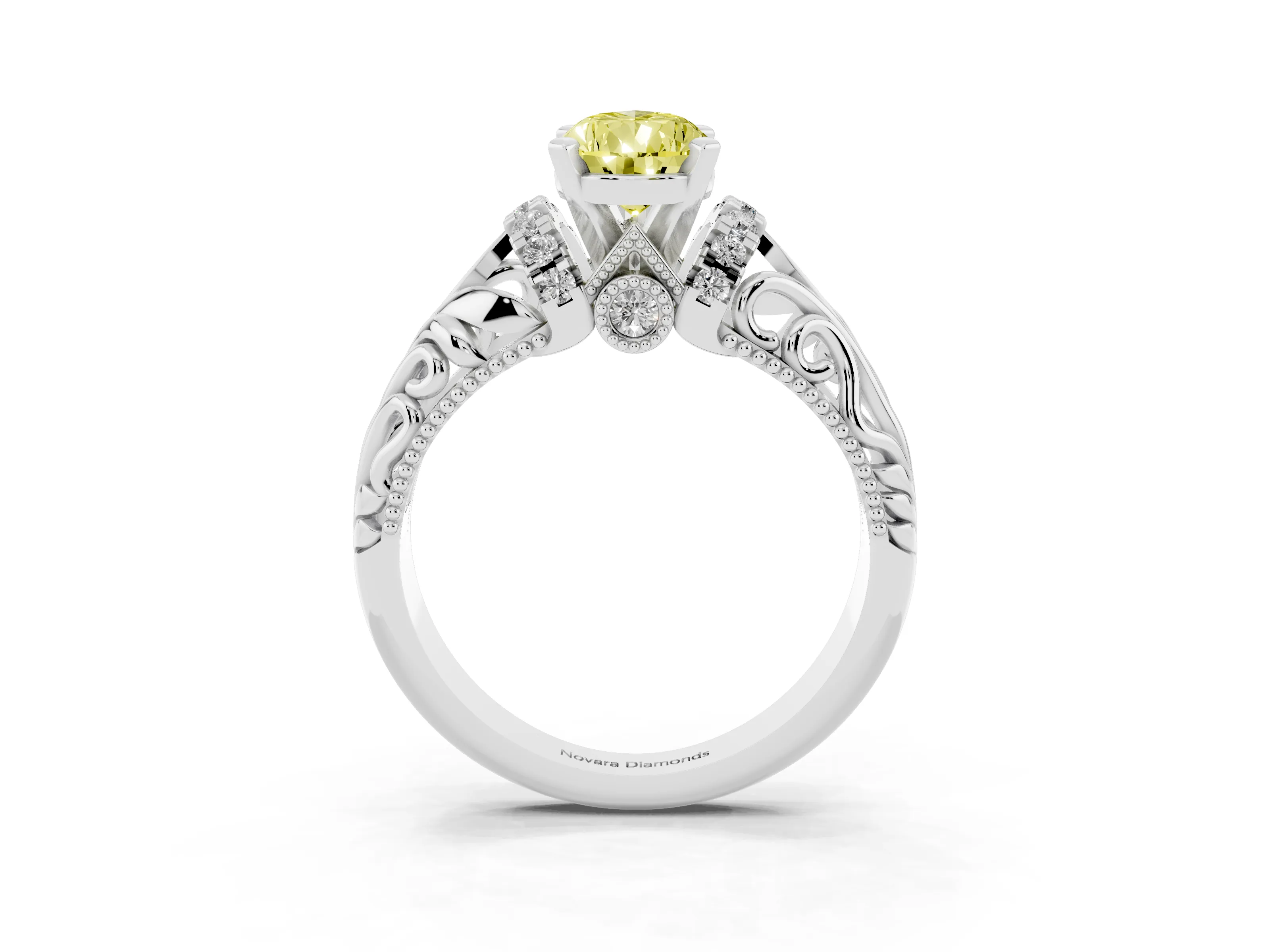 Fancy Yellow Pear Cut Diamond Filigree Halo Engagement Ring Set in White gold with Prong Setting