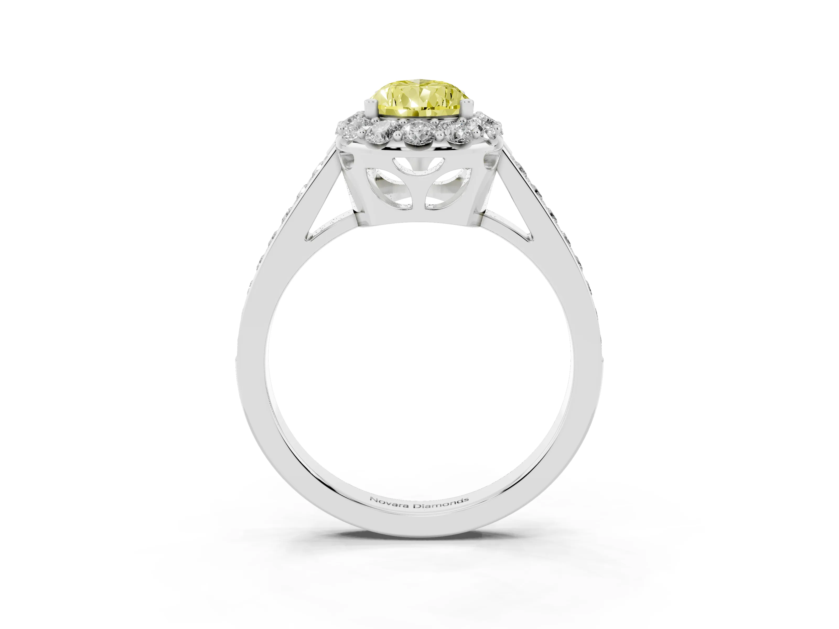 Fancy Yellow Pear Cut Diamond Floral Halo Ring Set in Platinum with Pavé Band and Prong Setting