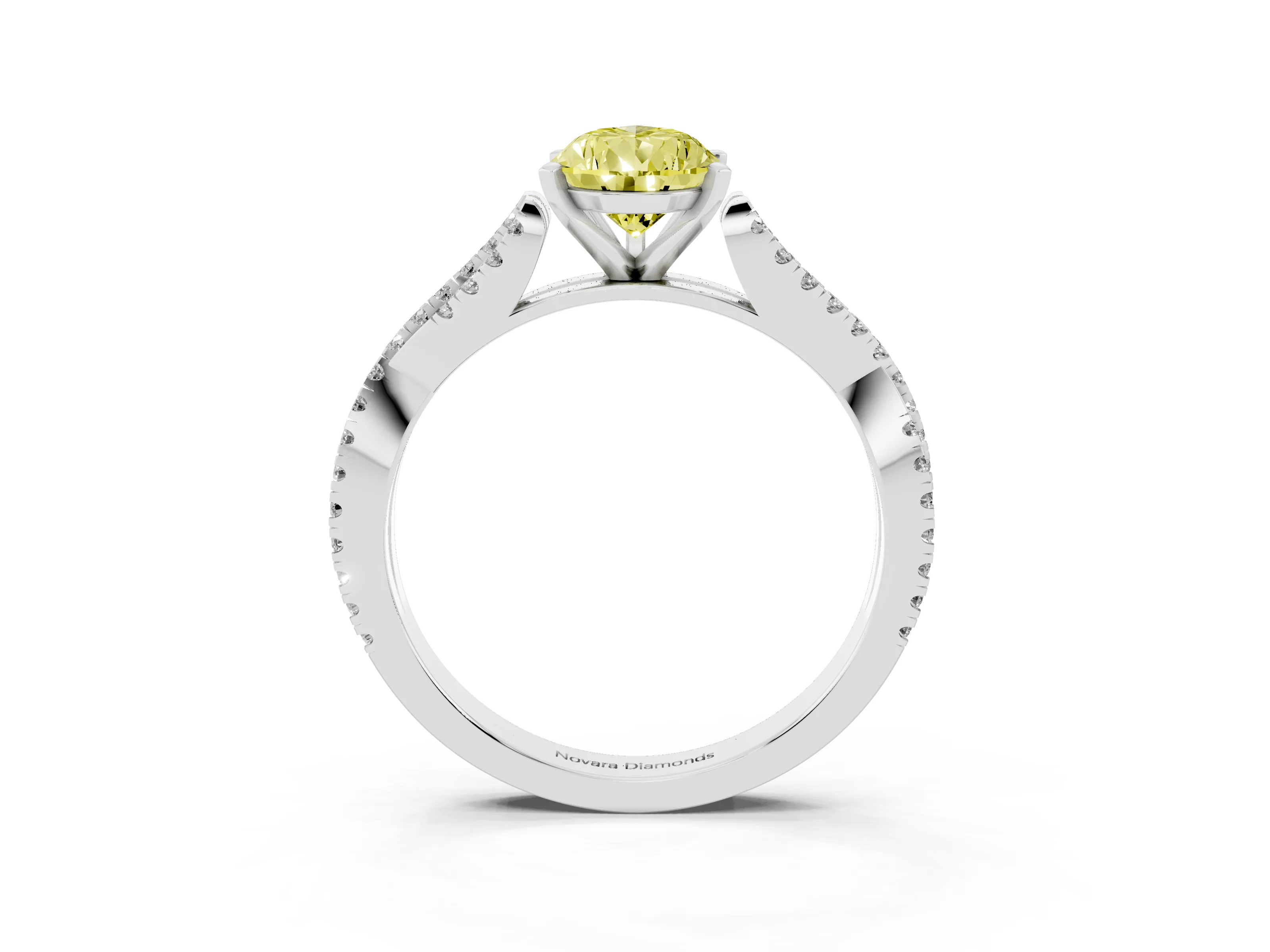 Fancy Yellow Pear Cut Diamond Solitaire Engagement Ring Set in White gold with Twisted Pavé Band and Prong Setting