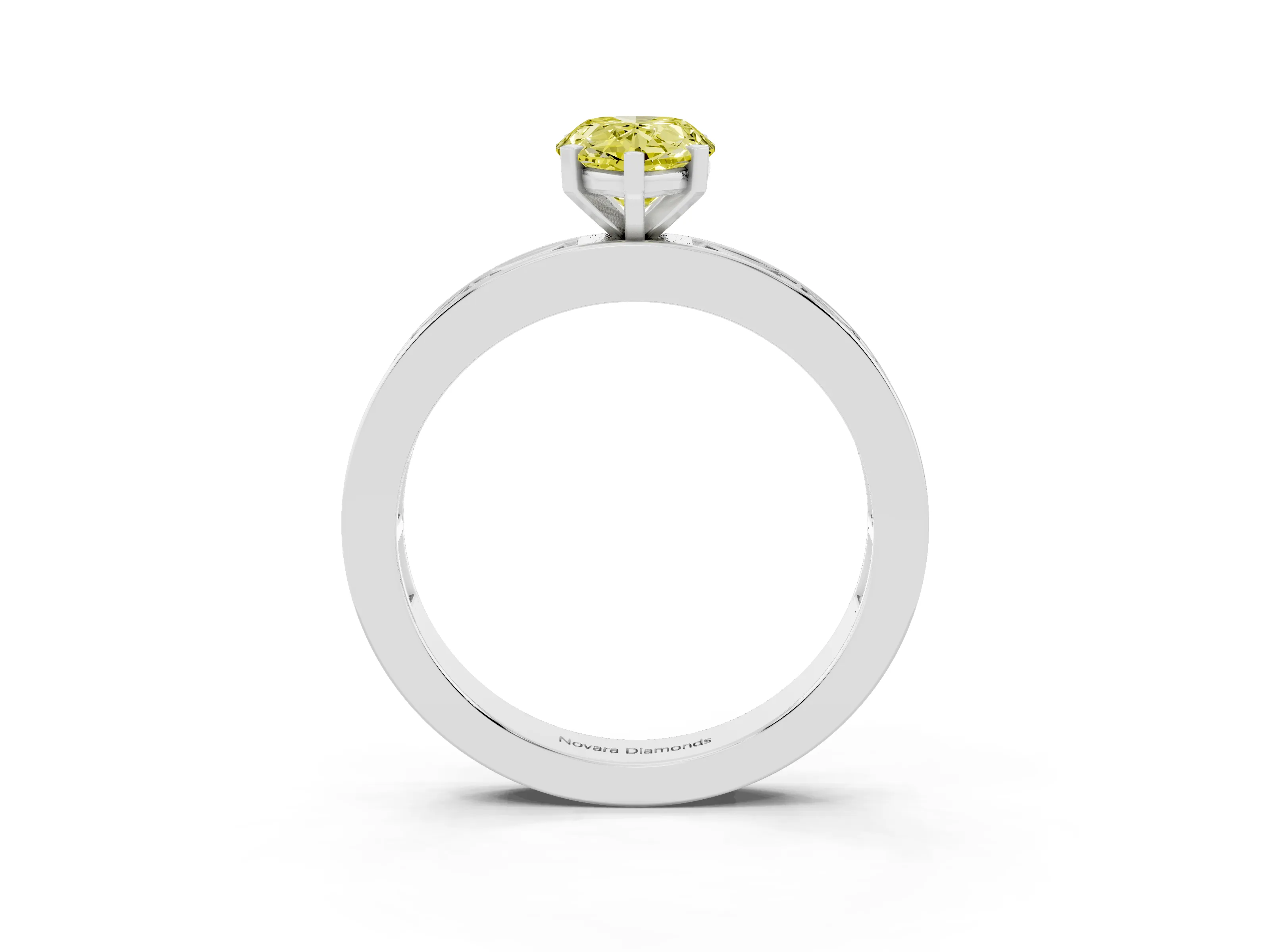 Fancy Yellow Pear Cut Diamond Solitaire Ring Set in Silver with Channel-Set Baguette Band and Prong Setting