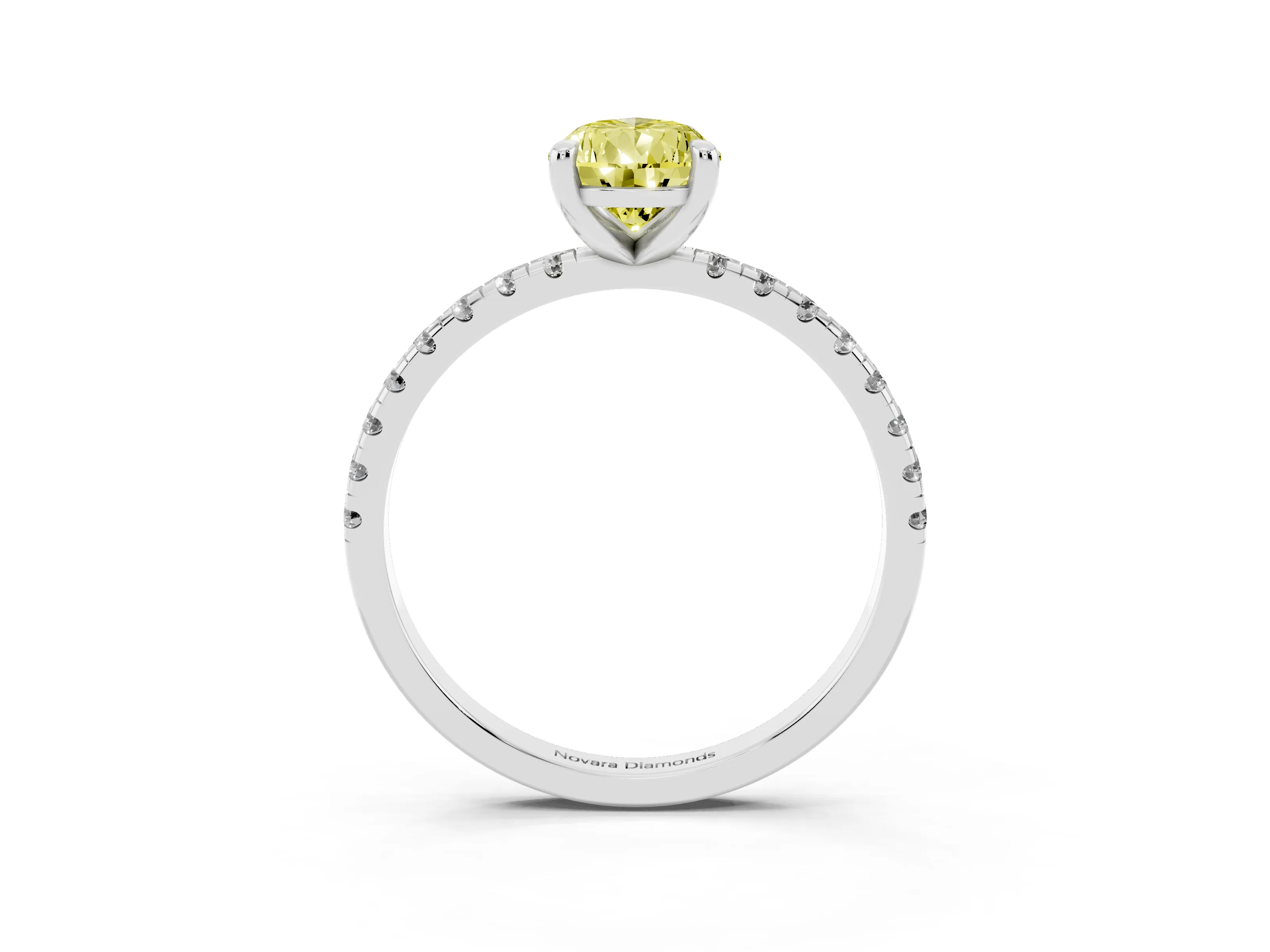 Fancy Yellow Pear Cut Diamond Brilliant Solitaire Ring Set in White gold with Pavé Band and Prong Setting