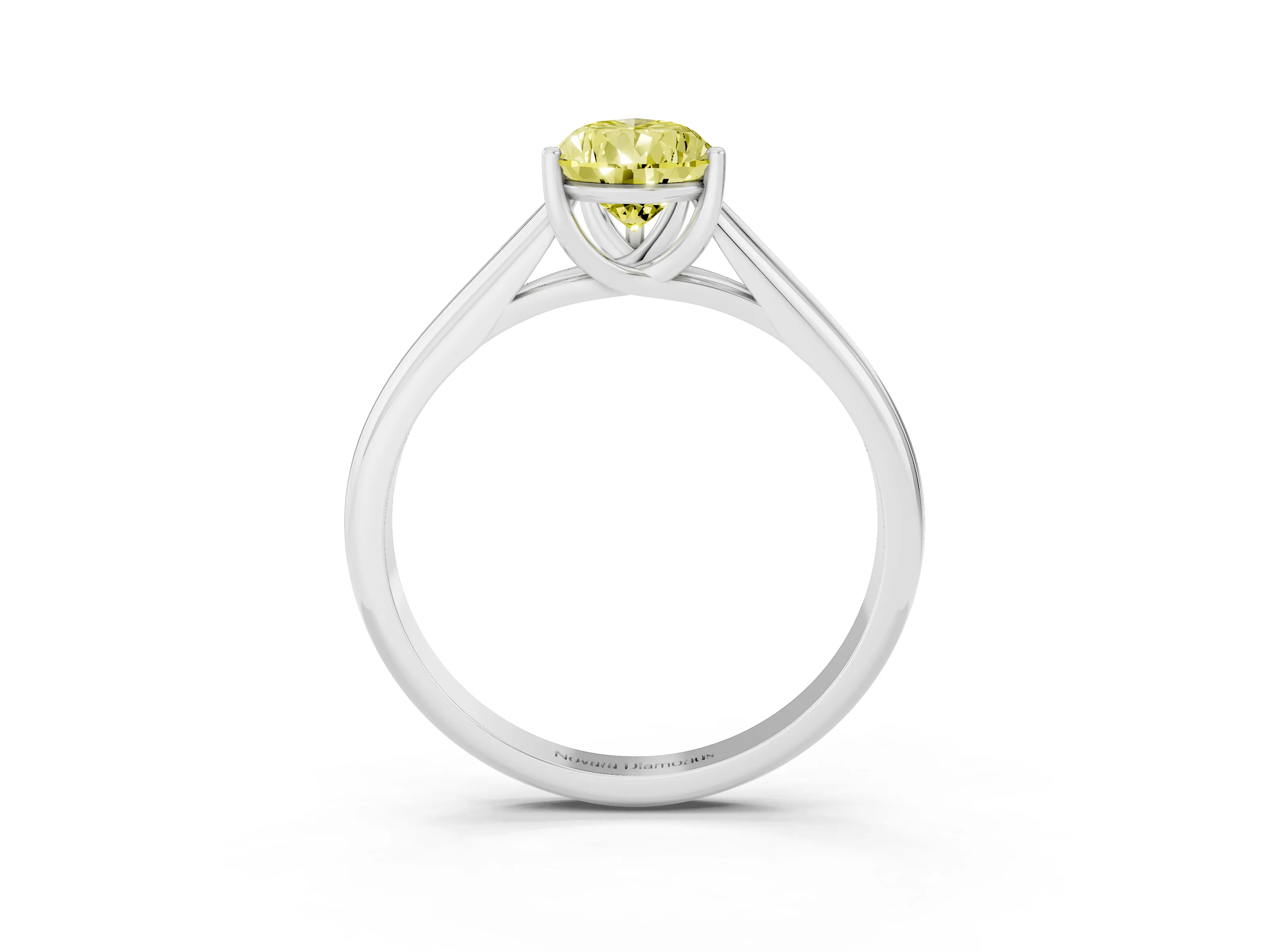 Fancy Yellow Pear Cut Diamond Solitaire Engagement Ring Set in White gold with Subtly Tapered Band and Prong Setting